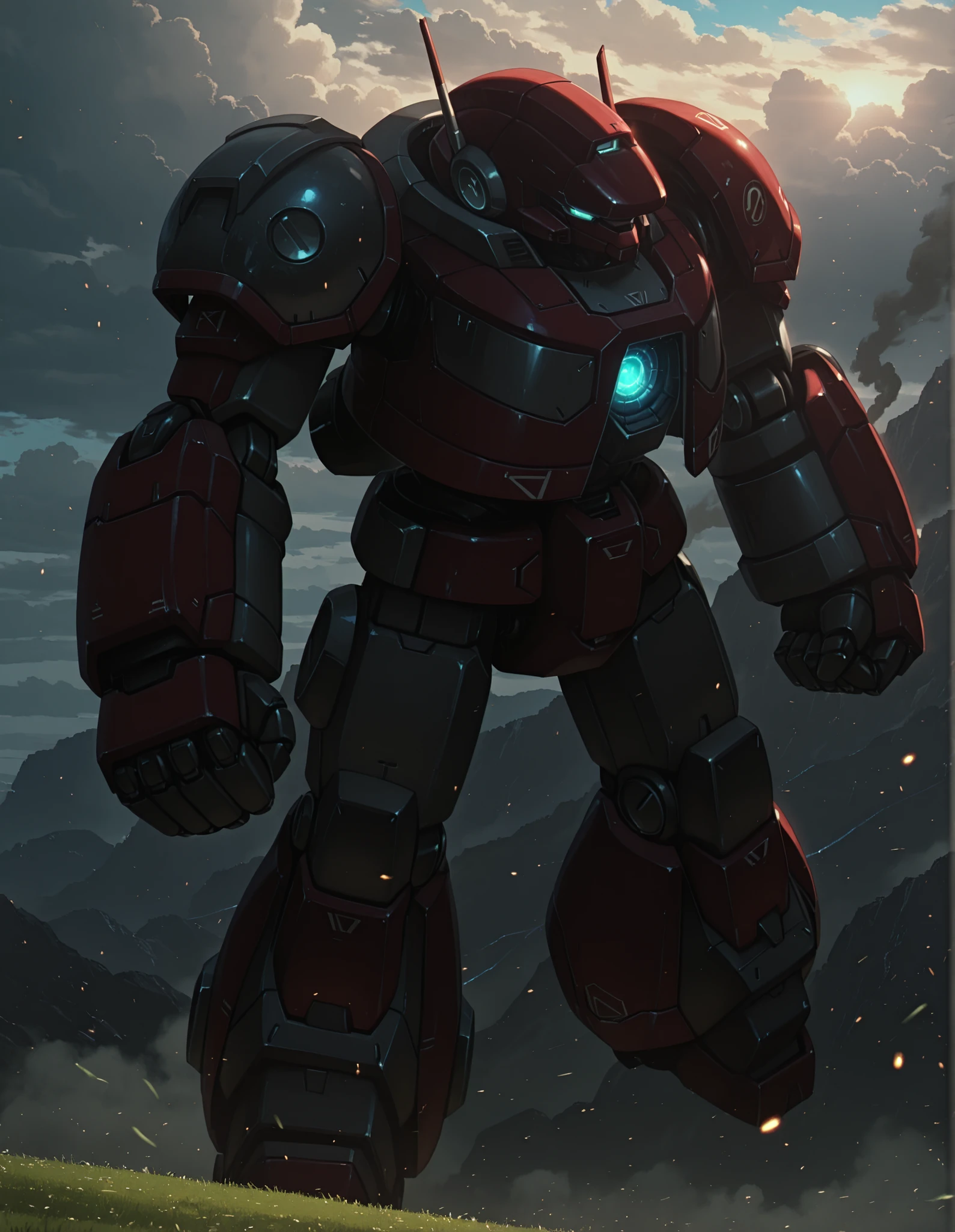 masterpiece, best quality, amazing quality, Anime Screencap. BREAK. mecha, robot, no_humans, solo, large_robot, futuristic, sci-fi, armored, metallic, red_armor, grey_armor, glowing_eyes, green_glow, glowing_core, energy_core, smoke, steam, heavy_armor, bulky_design, mechanical, detailed_design, intricate_details, joints, rivets, panels, sturdy_legs, large_hands, clenched_fists, standing, dynamic_pose, dramatic_lighting, cloudy_sky, overcast, blue_sky, purple_tint, ground, grass, sci-fi_landscape, concept_art, digital_art, high_detail, cinematic, intense_atmosphere, futuristic_technology, mechanical_structure, glowing_elements, epic, powerful, imposing, anime_style