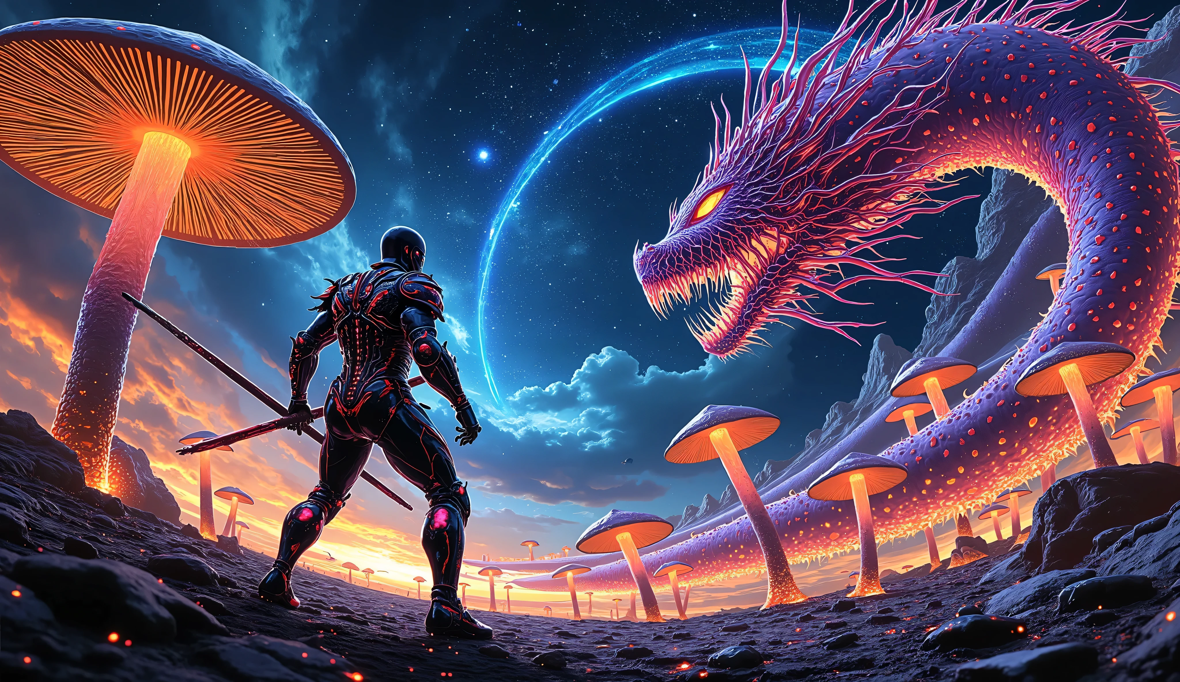 scifi, digital painting, action paint, Korea, taoismo, Sacred Beasts, modern Knight in powered armor, fight, mythical beasts, forest of giant irisdecent mushrooms, Night, space background, palette Neon colors: digital airbrush, precisely detailed resources, ilya kuvshinov , greg rutkowski, por greg rutkowski, Boris Vallejo, Frank Frazetta, infra-red