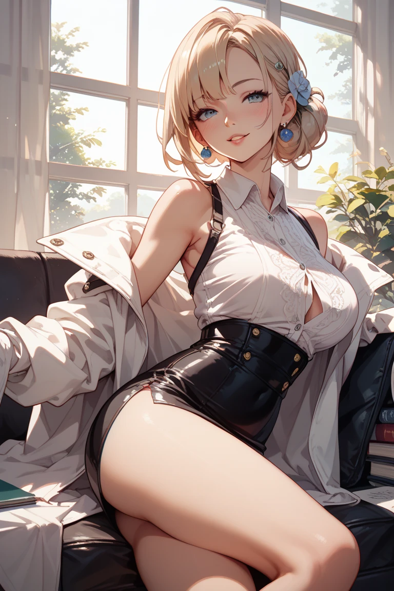 Short haircut、Blonde、tits、uniform、garter belt、Open your legs while crouching、Perfect body