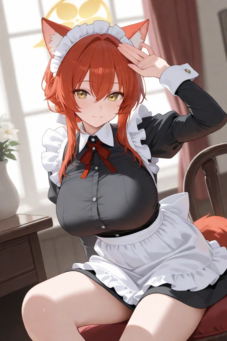 (obra maestra, La mejor calidad), 1girl, Cara hermosa,   Makima, camisa, trenza, cola de caballo trenzada, camisa con cuello, camisa blanca, corbata, enorme, Volver visor, sonrojarse, They are smiling, boca abierta, Moist body, huge ass, WET BODY