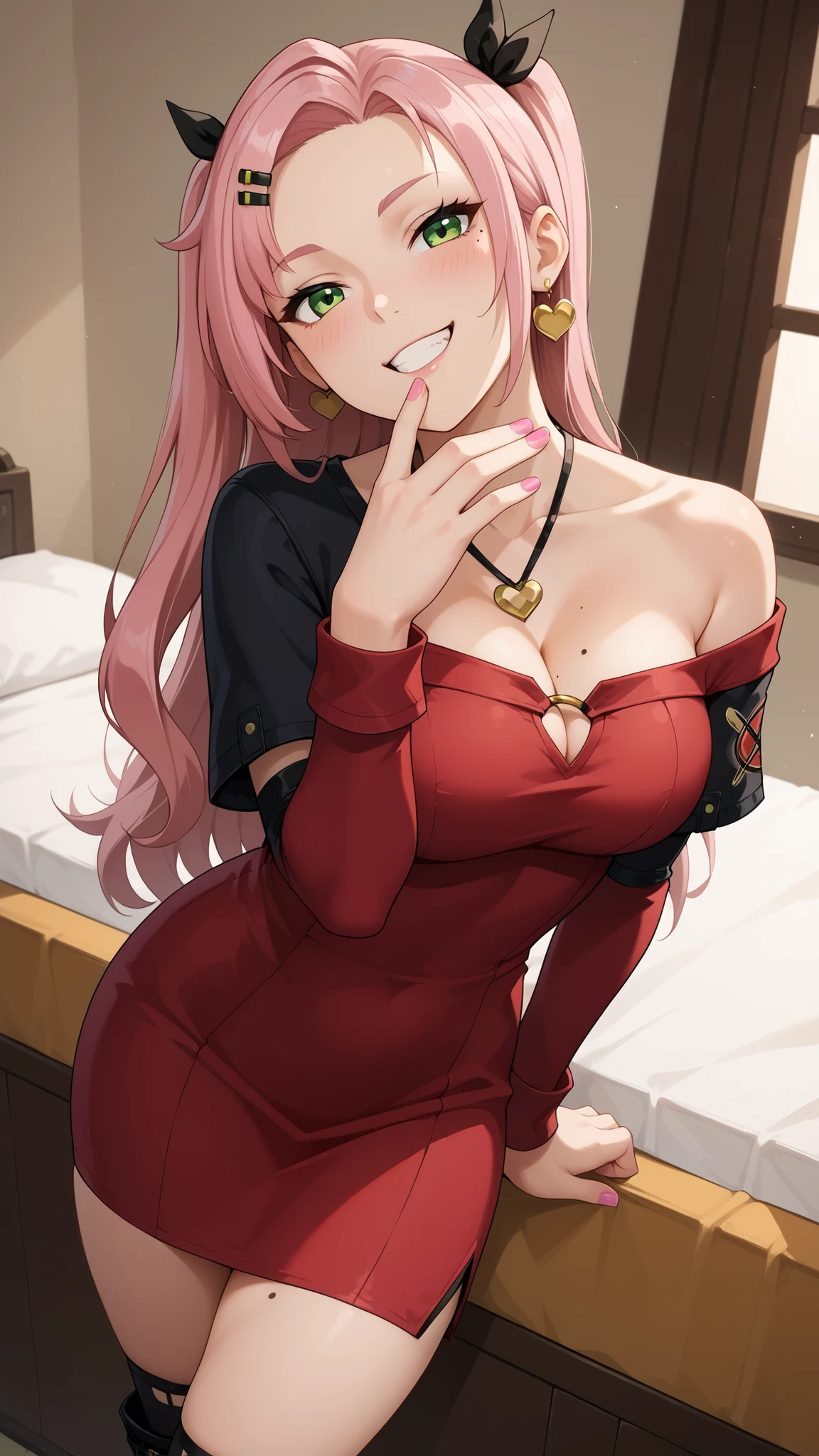 Girls smile, fair skin, long hair, big , big breats, big , big ,  body,  girls, thic body, beautiful girls, dress, red dress colors, nails colors, pink nails colors, in room, indoor,  pose, ultra realistic graphic, gaze looking at the camera, looking at the camera, Nicole Demara, Nicole begins, (Green Eyes:1.5), Pink Hair, hair ornaments, hair ribbon, Hair Clip, Long Hair, mole, mole on , mole on thigh, mole under eye, Both sides up, ribbon, Grin, 笑face, Open your mouth, 

BREAK black footwear, black ribbon, black Shorts, black socks, black Knee socks, boots, Cleavage, Earrings, jewelry, Knee-high, Manicure, necklace, O-ring, Thigh straps, Knee socks, Both sides up, 


BREAK looking at viewer, (Cowboy Shot:1.5), 

BREAK (masterpiece:1.2), Highest quality, High resolution, unity 8k wallpaper, (figure:0.8), low length, Primary school students, face, Young girl body, NULL目, score_9, score_8_up,  NicoleNSFW, green eyes, pink hair, long hair, two side up, , mole under eye, hairclip, thick legs,   , smile,  face,  face, blushing 