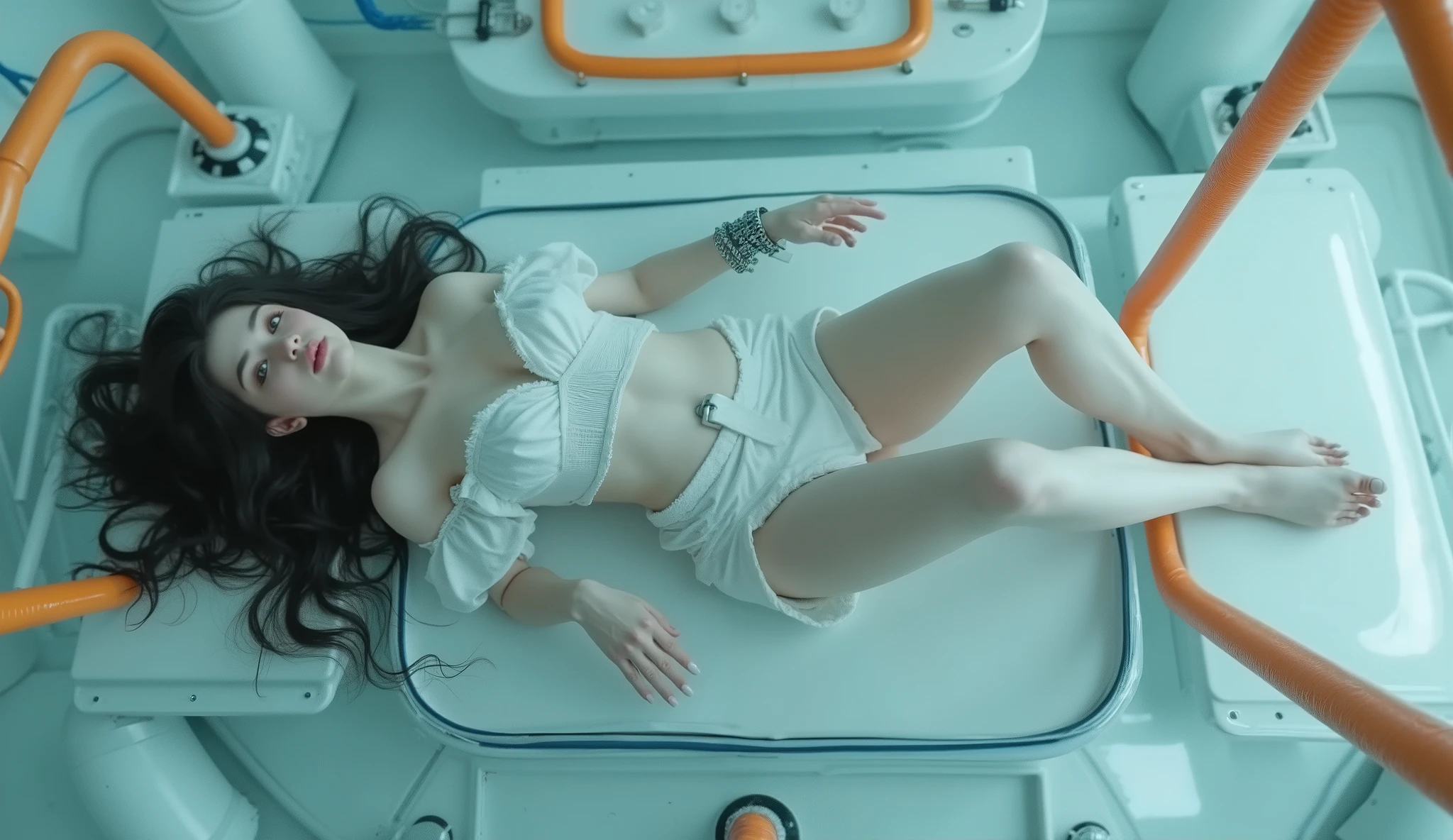long shot of (1woman), dynamic top view, (full body), an albino Japanese [European] mixed woman, (((albino))), (pale white skin), [[slightly chubby]], soft curves, [medium firm breast], ((thick thigh)), ((black hair)), wearing a white mini skirt with high slit, bare foot, perfect feet, exposing her legs, hand detail, sitting horizontally across the image and strapped to brainwashing robotic machine and strain with metal clamp to her arms, the room features very bright light, there are industrial orange bars, many blue cables behind, and big white pipes, high definition, 4K