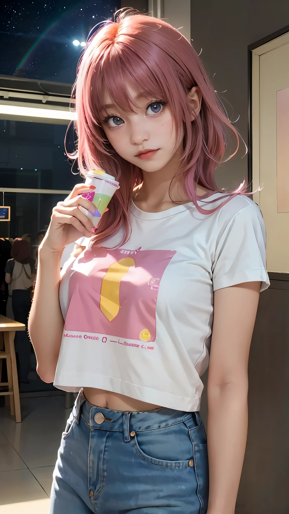 Anipoma 1 ,(masterpiece, best illustrations, 最高の manga ), alone, one girl on her back, purple eye, ( Shiny Skin, soft hair for mobile phones), ( Holding a milkshake in one hand ), freckles, (I have bright pink bicolor hair:1.3), (wear a Led Zeppelin t-shirt, denim jeans), (Intense Light and Darkness , Volume Light, By Light ), ( Orbital Space :.5), ( rainbow light , Light Leak), ( charming, Shine), (alone), manga 夕暮れ 1 , manga 1