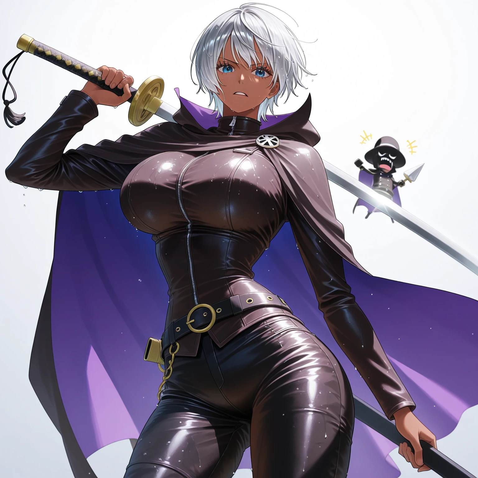 masterpiece, highres, best quality, 1girl, solo, shinobu jacobs, white hair, (big hair, messy hair, afro:1.2), hair over one eye, thick eyelashes, dark skin, looking at viewer, large breasts, NMH2, lace, fingerless gloves, scarf,bimbo, huge breast, curvy, full body, pants, cloak,, boots, pullover, robe, smile,vest, robe,pants, standing,pullover, ninja costume, gloves, gauntlets,black body suit, robot hands,cyborg, standing
