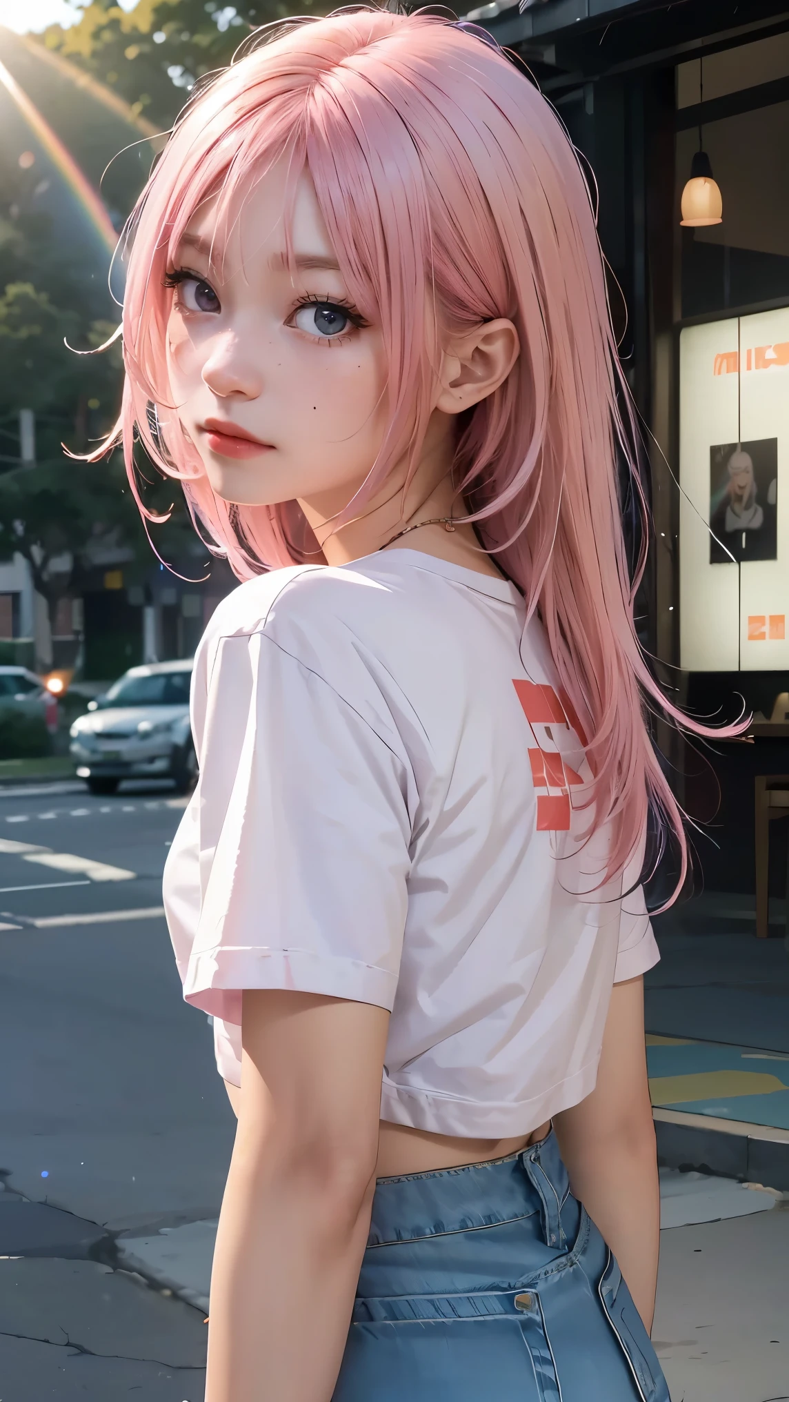 Anipoma 1 ,(masterpiece, best illustrations, 最高の manga ), alone, one girl on her back, purple eye, ( Shiny Skin, soft hair for mobile phones), ( Holding a milkshake in one hand ), freckles, (I have bright pink bicolor hair:1.3), (wear a Led Zeppelin t-shirt, denim jeans), (Intense Light and Darkness , Volume Light, By Light ), ( Orbital Space :.5), ( rainbow light , Light Leak), ( charming, Shine), (alone), manga 夕暮れ 1 , manga 1