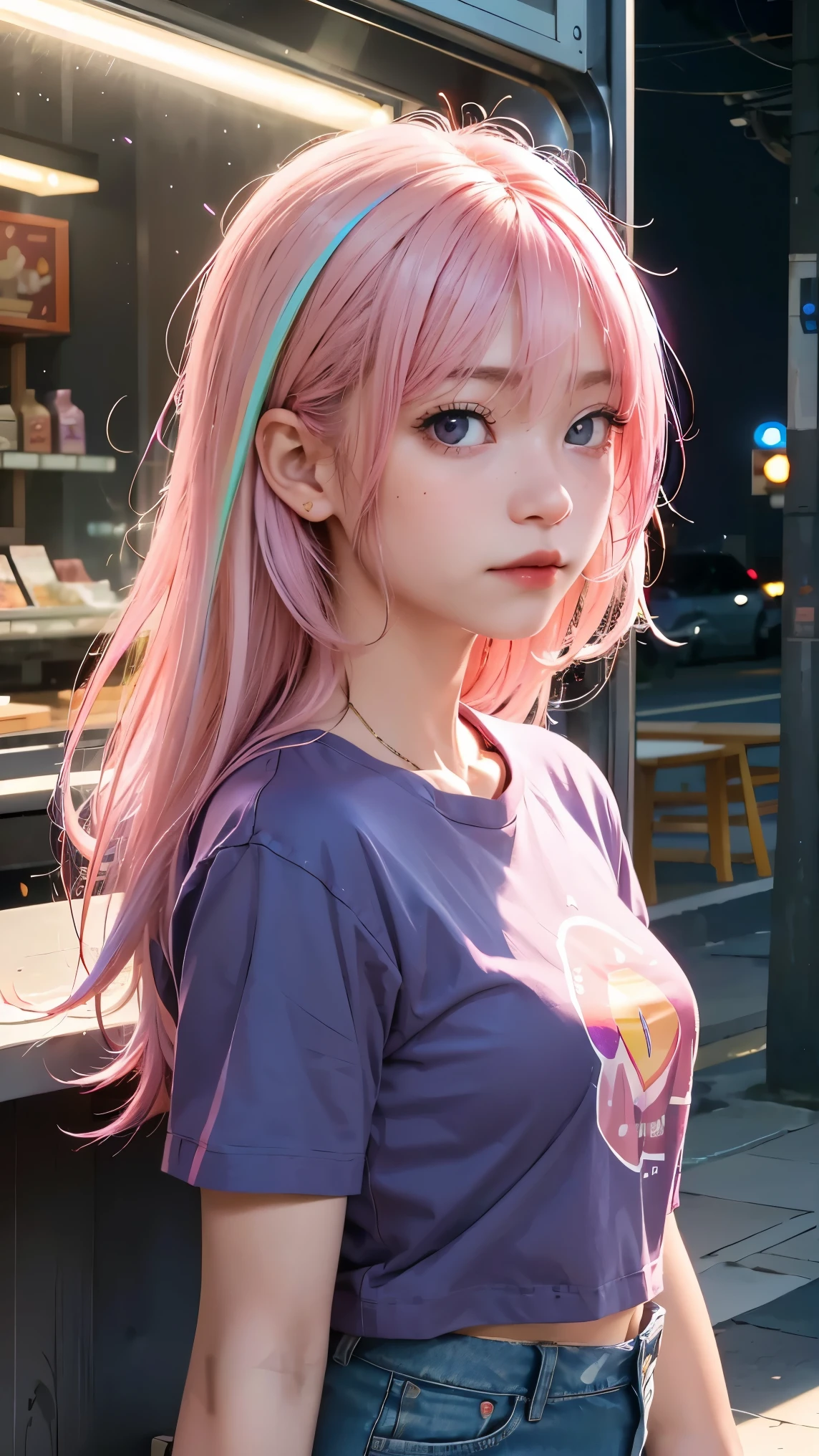 Anipoma 1 ,(masterpiece, best illustrations, 最高の manga ), alone, one girl on her back, purple eye, ( Shiny Skin, soft hair for mobile phones), ( Holding a milkshake in one hand ), freckles, (I have bright pink bicolor hair:1.3), (wear a Led Zeppelin t-shirt, denim jeans), (Intense Light and Darkness , Volume Light, By Light ), ( Orbital Space :.5), ( rainbow light , Light Leak), ( charming, Shine), (alone), manga 夕暮れ 1 , manga 1