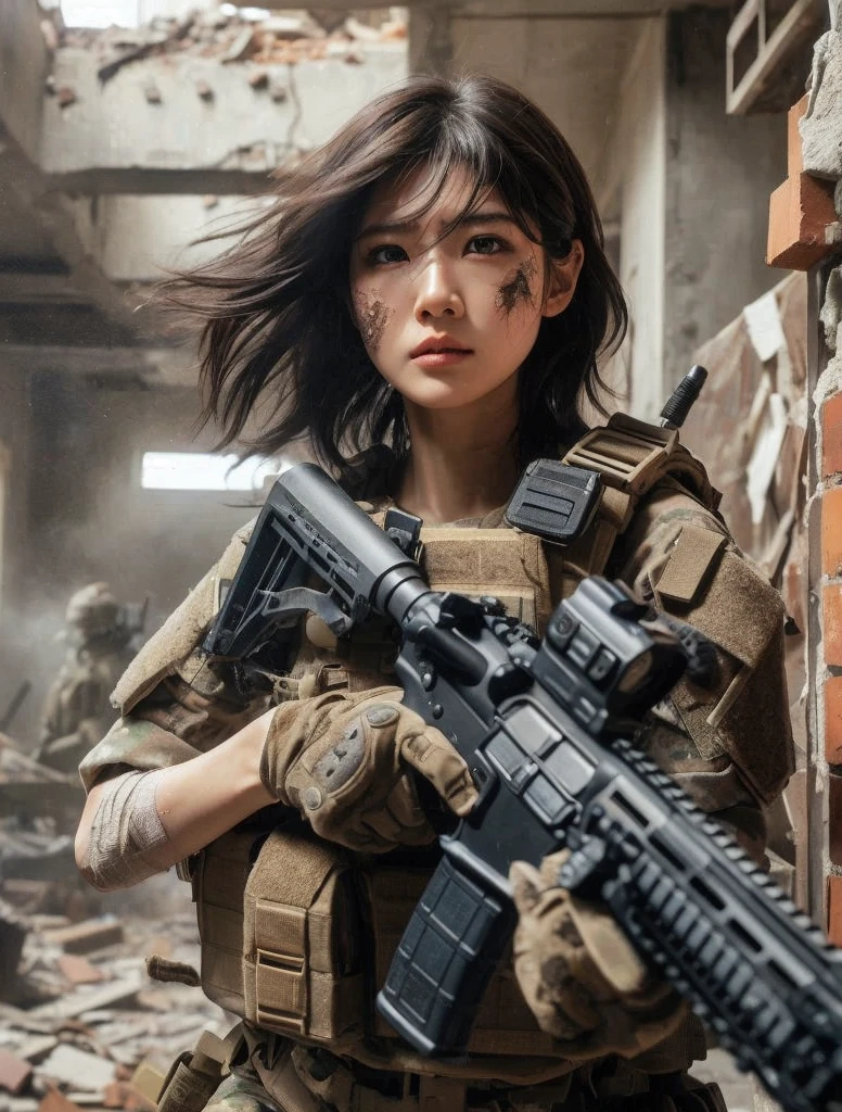 A high resolution,hdr,Hyper-realistic,extremelycomplicateddetails,Little girl on the battlefield, The face is delicate,dreads,teardrop,The clothes are slightly tattered,blood stain,Artillery fire in the distance,废墟,length hair,Live image