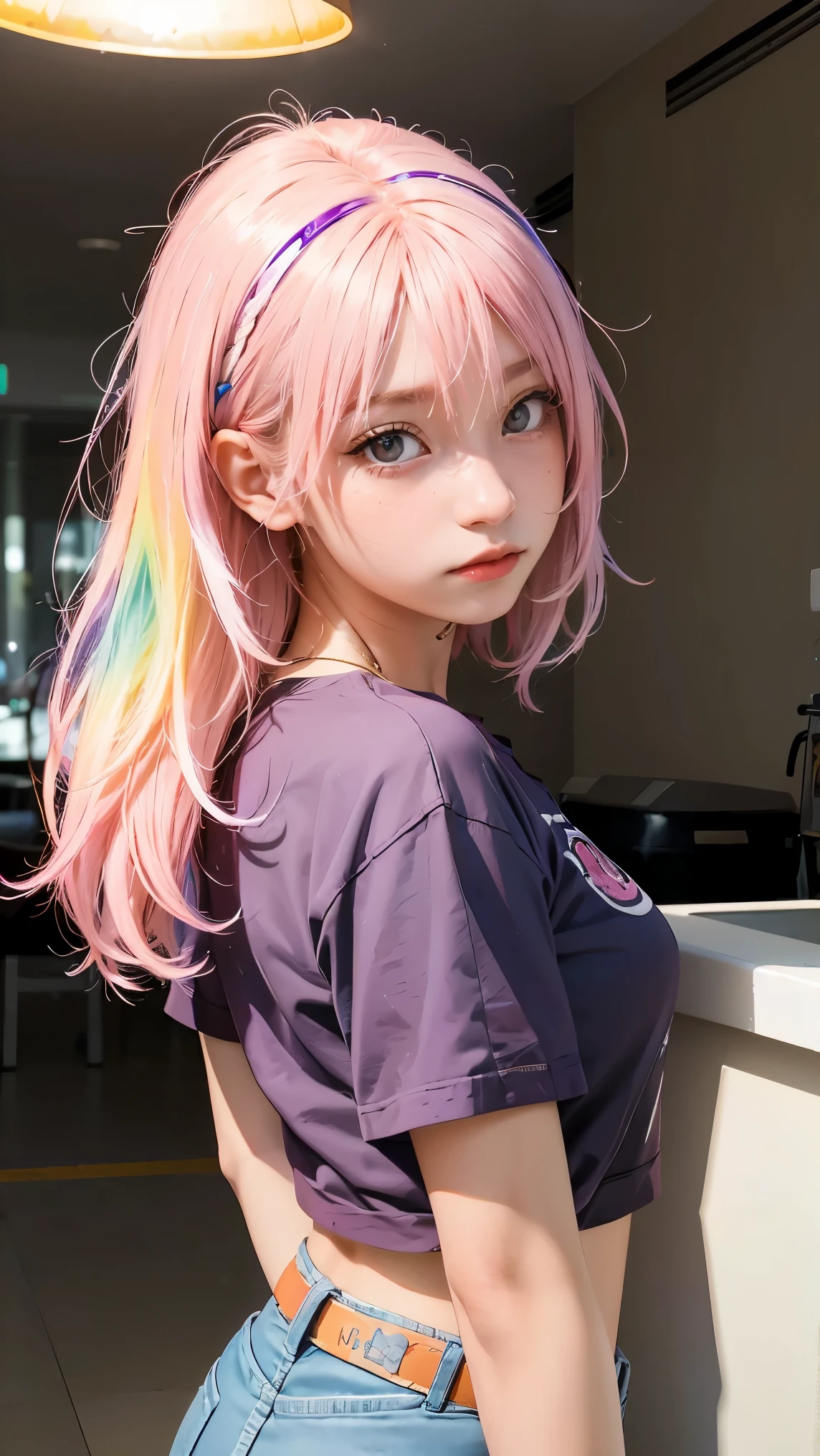 Anipoma 1 ,(masterpiece, best illustrations, 最高の manga ), alone, one girl on her back, purple eye, ( Shiny Skin, soft hair for mobile phones), ( Holding a milkshake in one hand ), freckles, (I have bright pink bicolor hair:1.3), (wear a Led Zeppelin t-shirt, denim jeans), (Intense Light and Darkness , Volume Light, By Light ), ( Orbital Space :.5), ( rainbow light , Light Leak), ( charming, Shine), (alone), manga 夕暮れ 1 , manga 1