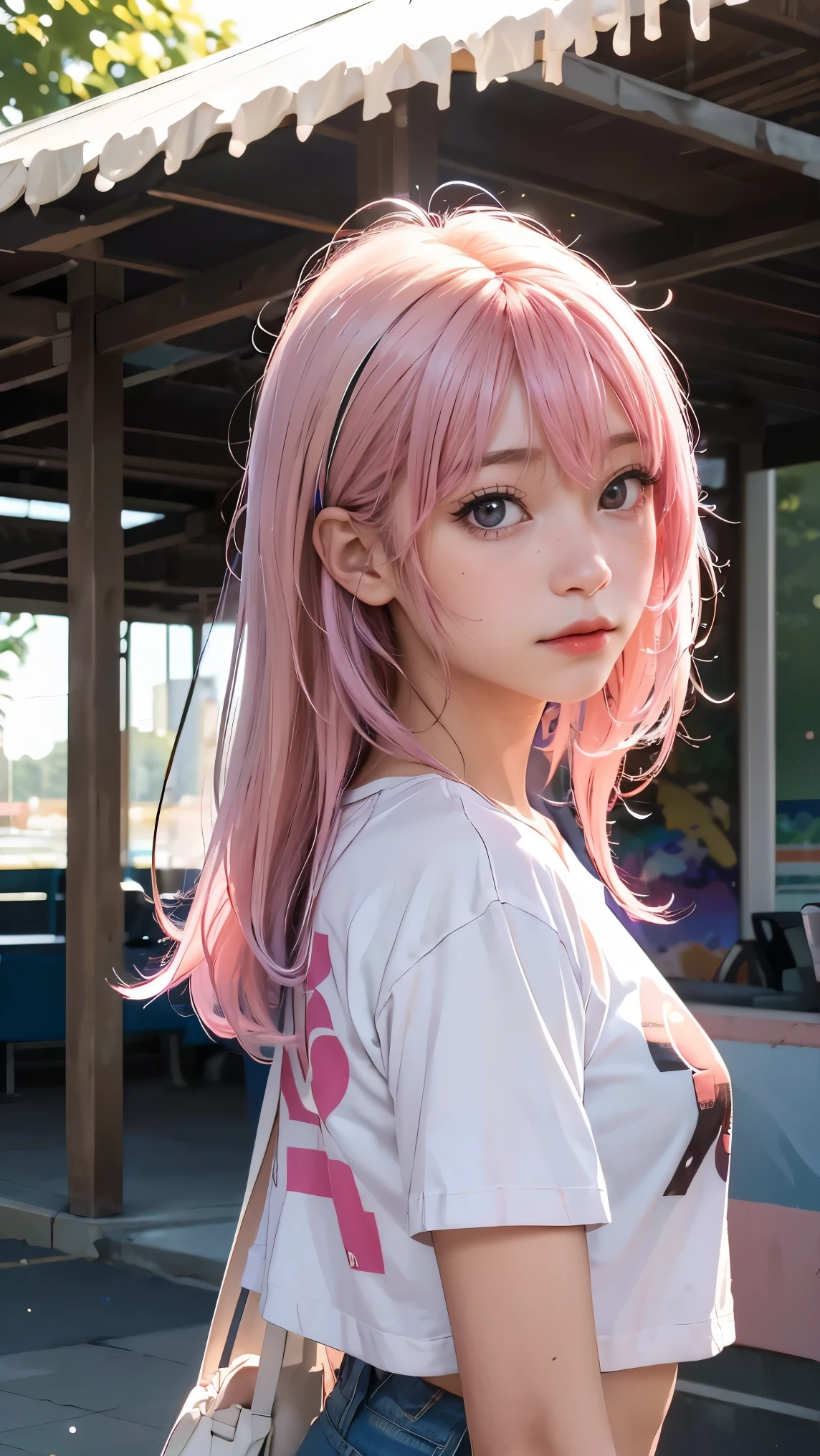 Anipoma 1 ,(masterpiece, best illustrations, 最高の manga ), alone, one girl on her back, purple eye, ( Shiny Skin, soft hair for mobile phones), ( Holding a milkshake in one hand ), freckles, (I have bright pink bicolor hair:1.3), (wear a Led Zeppelin t-shirt, denim jeans), (Intense Light and Darkness , Volume Light, By Light ), ( Orbital Space :.5), ( rainbow light , Light Leak), ( charming, Shine), (alone), manga 夕暮れ 1 , manga 1