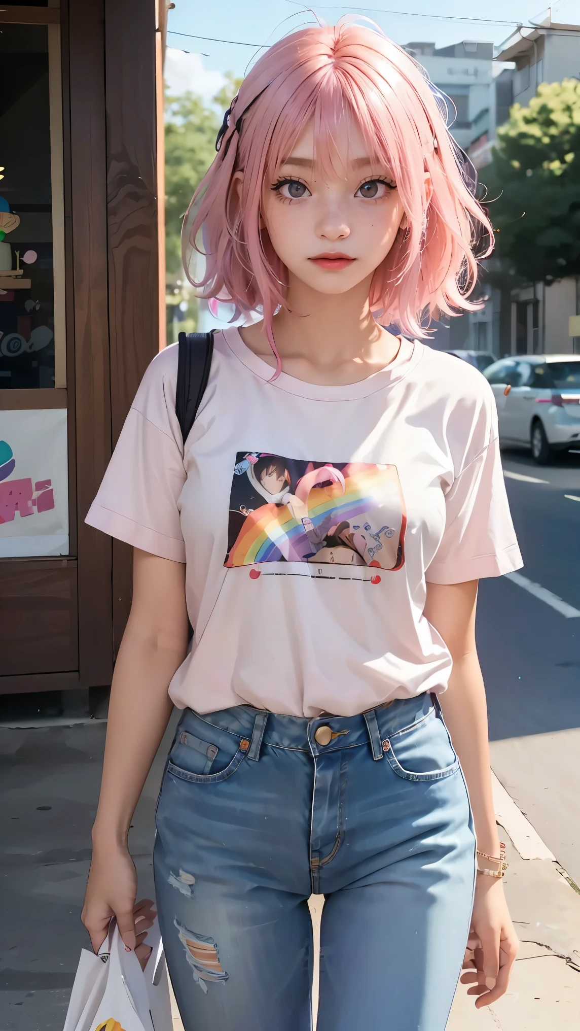 Anipoma 1  ,(masterpiece, best illustrations, 最高の manga ), alone, one girl on her back, purple eye, (   Shiny Skin,  soft hair for mobile phones), ( Holding a milkshake in one hand ), freckles, (I have bright pink bicolor hair:1.3), (wear a Led Zeppelin t-shirt,    denim jeans), (Intense Light and Darkness  , Volume Light, By Light   ), ( Orbital Space  :.5), (   rainbow light   , Light Leak), (   charming, Shine), (alone),    manga  夕暮れ 1  ,  manga １