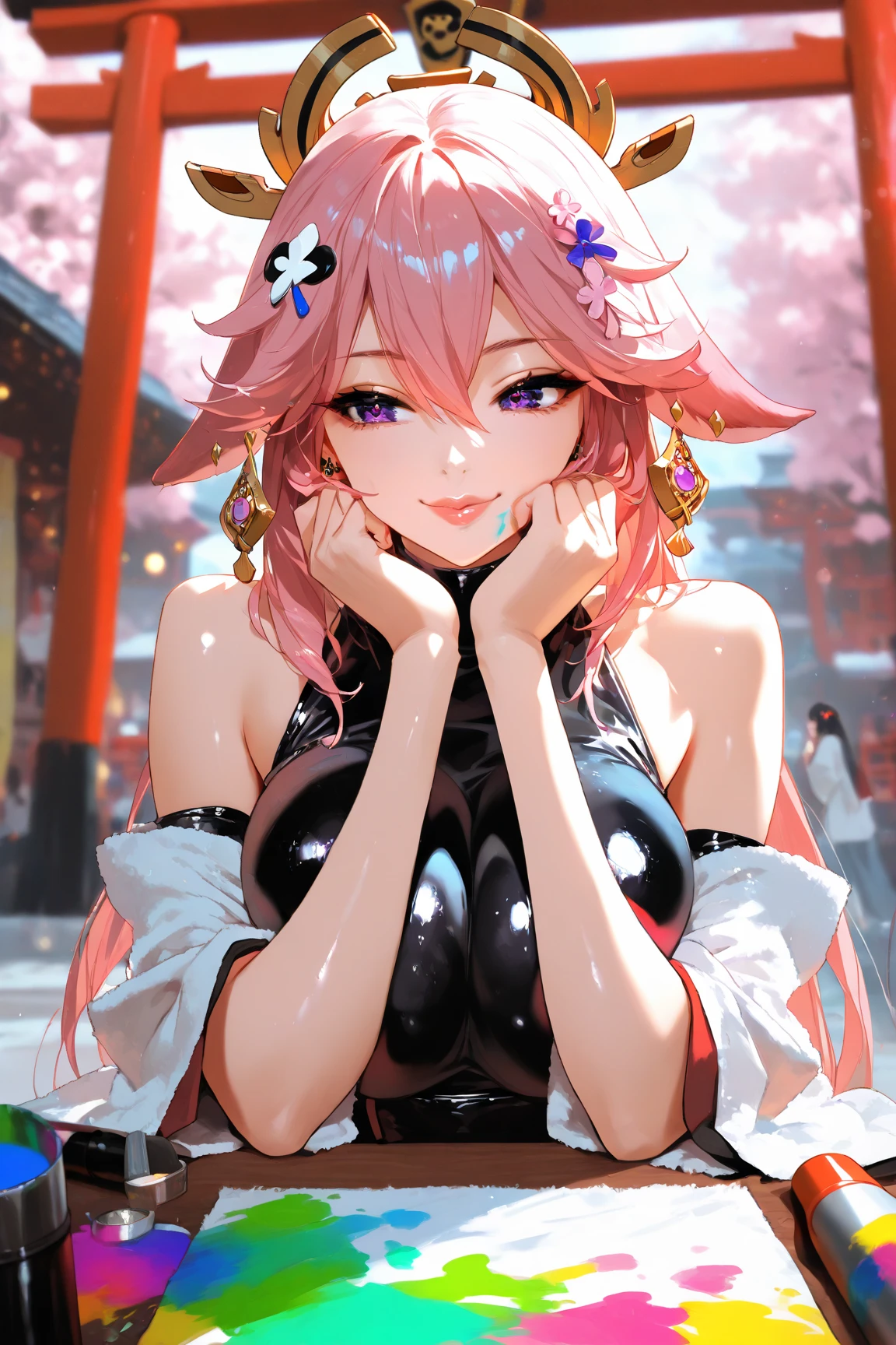 tmasterpiece， Best quality at best， 1girll， Sakura Haruno， Large breasts，Off-the-shoulder attire，thicc body,（cleavage)，（upperbody closeup)，Raised sexy，is shy，ssmile，with pink hair， long whitr hair， （Green eyeballs:1.4)， Forehead protection， the cherry trees，Cherry blossoms flying，Red clothes，Zipper half