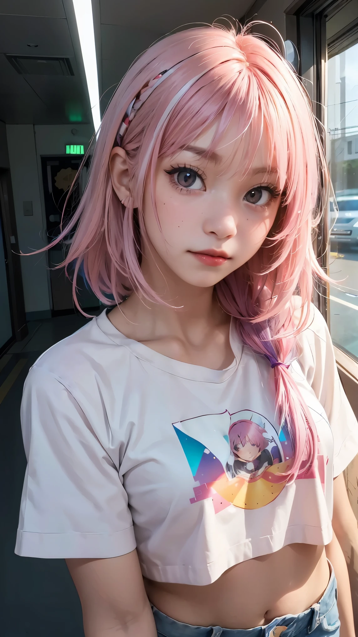 Anipoma 1 ,(masterpiece, best illustrations, 最高の manga ), alone, one girl on her back, purple eye, ( Shiny Skin, soft hair for mobile phones), ( Holding a milkshake in one hand ), freckles, (I have bright pink bicolor hair:1.3), (wear a Led Zeppelin t-shirt, denim jeans), (Intense Light and Darkness , Volume Light, By Light ), ( Orbital Space :.5), ( rainbow light , Light Leak), ( charming, Shine), (alone), manga 夕暮れ 1 , manga 1