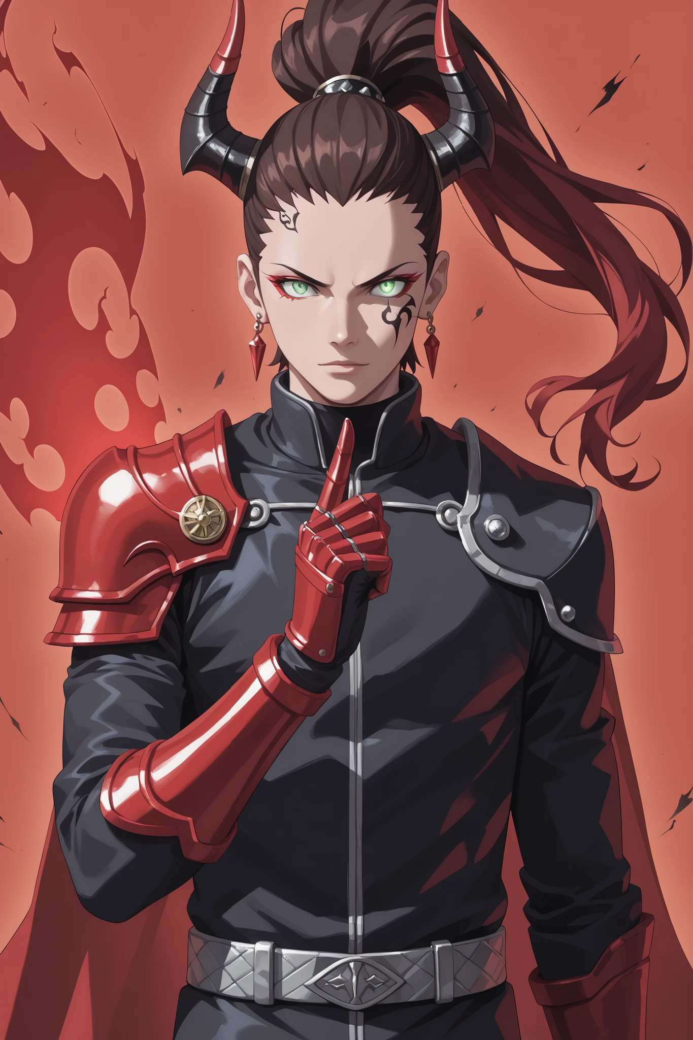 Masterpiece, ultra-detailed, 4K, HD, perfect lighting, cinematic and dramatic, dark fantasy, ethereal, hellish transformation, Jigoku warrior. (Shadowy figure with demon horns curving sharply), ((glowing crimson or violet face tattoos with intricate infernal symbols)), (pale skin with glowing cracks resembling hellish energy flow). Piercing glowing green eyes with an analytical and calculating expression, dark brown hair styled in a loose ponytail with a smoky aura surrounding it. Relaxed and lean build, detailed face with a calm yet eerie demeanor, perfect hands, perfect eyes. Smoky and wispy aura, surrounded by swirling shadows and faint hellfire. Black and crimson armor with intricate engravings and glowing sigils, clawed gauntlets, and a high-collared, shadowy flowing cape. Surreal and ghostly presence, exuding power, dominance, and an aura of infernal authority. Reflects the laziness of a strategist, embodying serene control and lethargic dominance in battle. Best quality, score_9, score_8_up, score_7_up, 2D art, (((1man)), shikamaru nara, solo