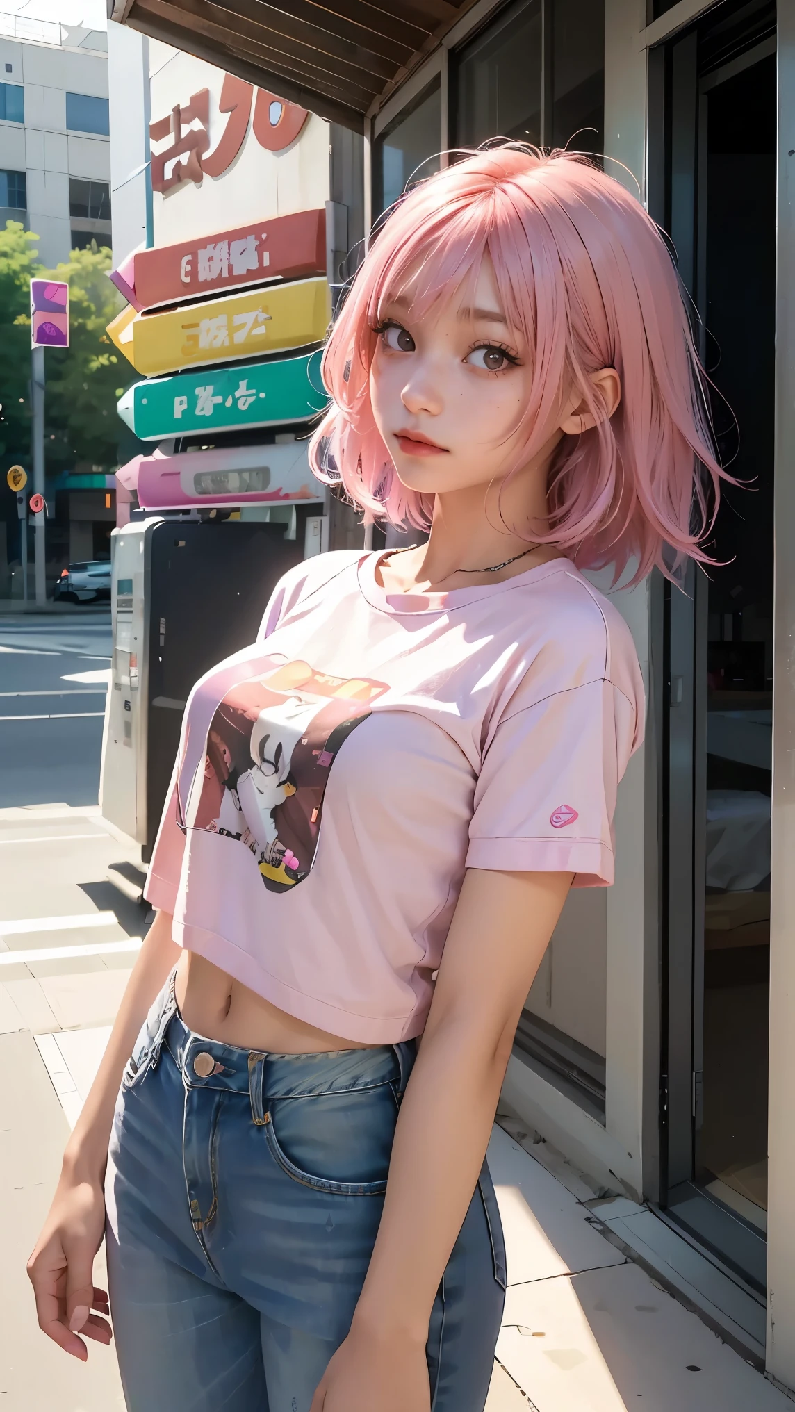 Anipoma 1 ,(masterpiece, best illustrations, 最高の manga ), alone, one girl on her back, purple eye, ( Shiny Skin, soft hair for mobile phones), ( Holding a milkshake in one hand ), freckles, (I have bright pink bicolor hair:1.3), (wear a Led Zeppelin t-shirt, denim jeans), (Intense Light and Darkness , Volume Light, By Light ), ( Orbital Space :.5), ( rainbow light , Light Leak), ( charming, Shine), (alone), manga 夕暮れ 1 , manga 1