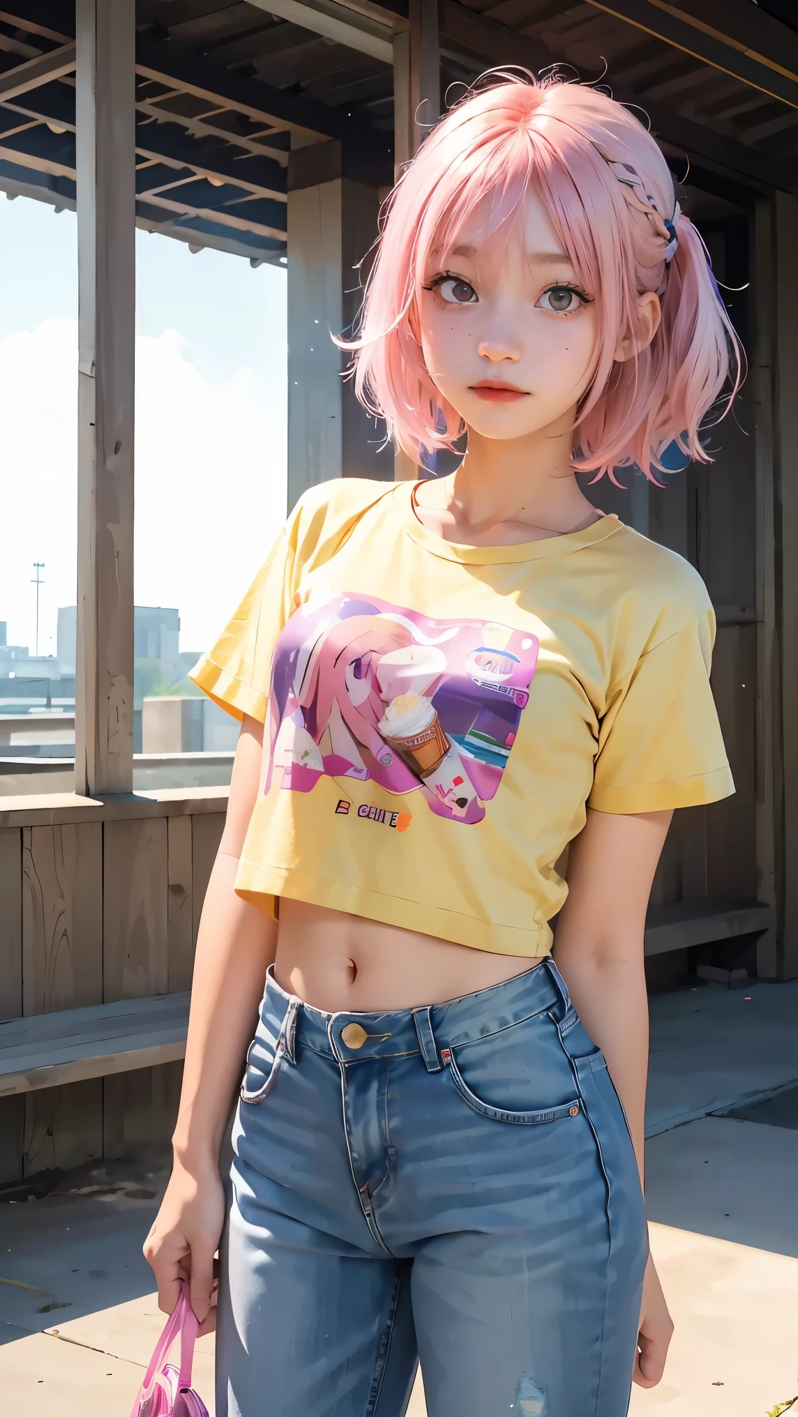 Anipoma 1 ,(masterpiece, best illustrations, 最高の manga ), alone, one girl on her back, purple eye, ( Shiny Skin, soft hair for mobile phones), ( Holding a milkshake in one hand ), freckles, (I have bright pink bicolor hair:1.3), (wear a Led Zeppelin t-shirt, denim jeans), (Intense Light and Darkness , Volume Light, By Light ), ( Orbital Space :.5), ( rainbow light , Light Leak), ( charming, Shine), (alone), manga 夕暮れ 1 , manga 1