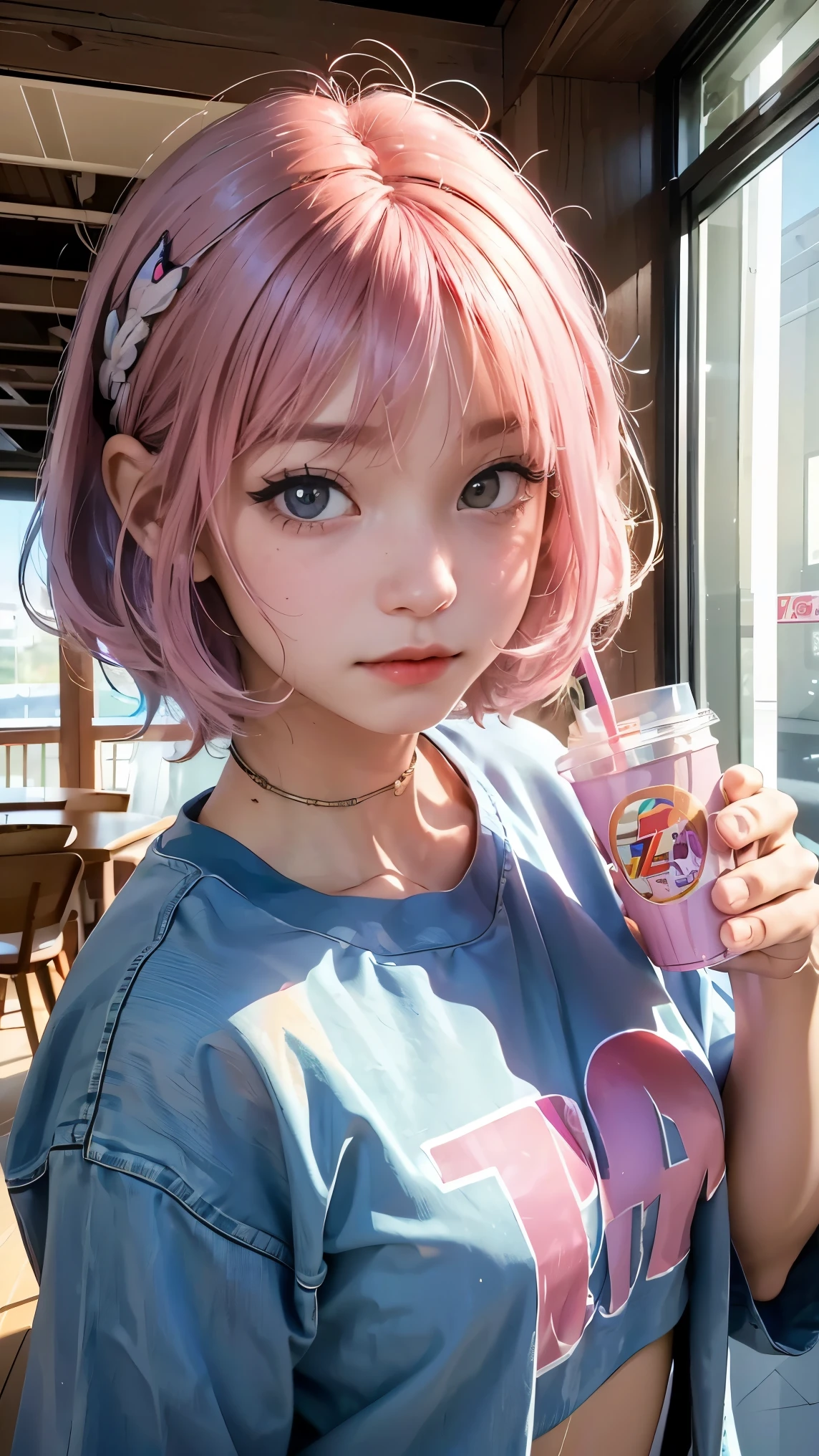 Anipoma 1 ,(masterpiece, best illustrations, 最高の manga ), alone, one girl on her back, purple eye, ( Shiny Skin, soft hair for mobile phones), ( Holding a milkshake in one hand ), freckles, (I have bright pink bicolor hair:1.3), (wear a Led Zeppelin t-shirt, denim jeans), (Intense Light and Darkness , Volume Light, By Light ), ( Orbital Space :.5), ( rainbow light , Light Leak), ( charming, Shine), (alone), manga 夕暮れ 1 , manga 1