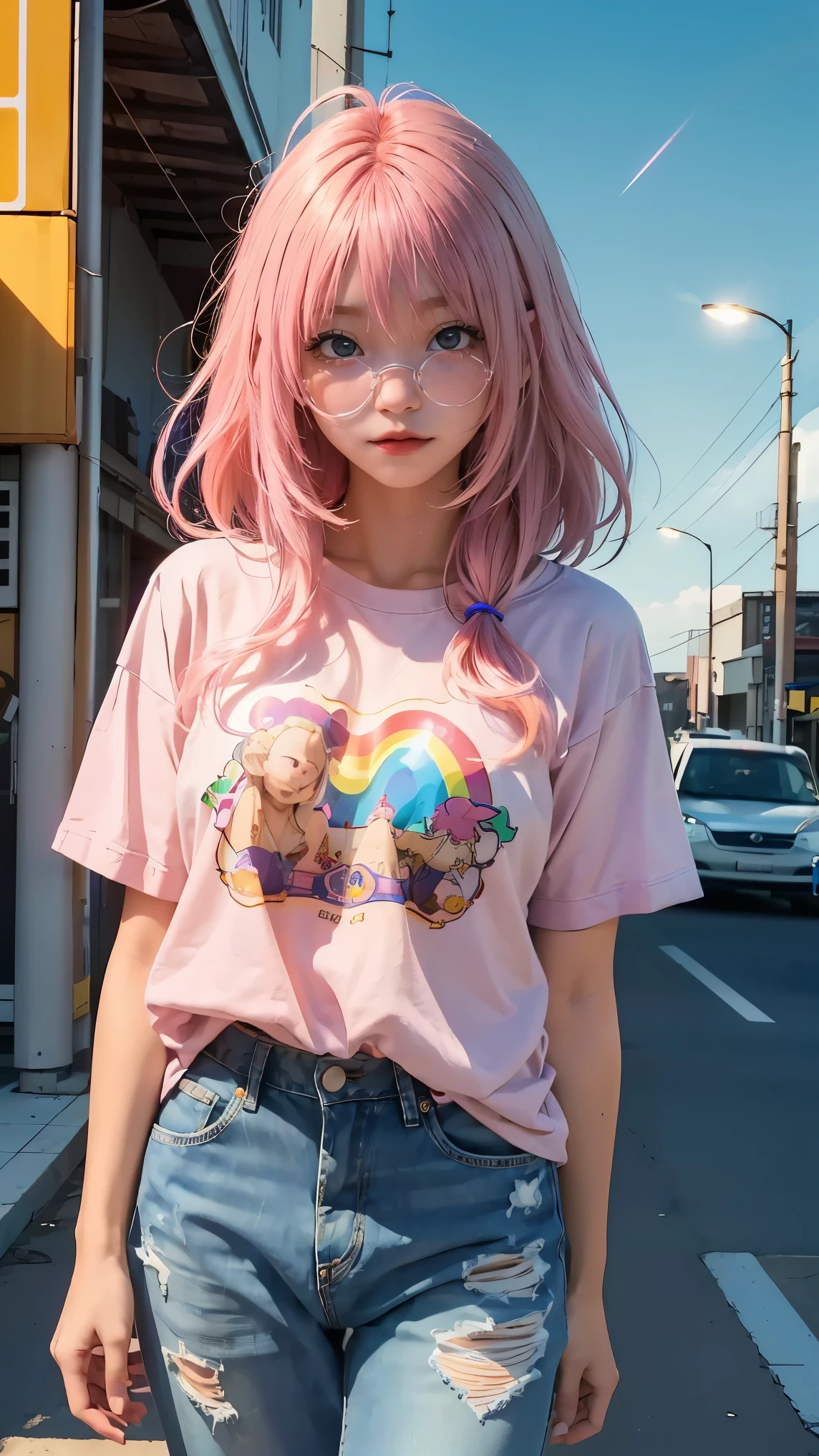 Anipoma 1  ,(masterpiece, best illustrations, 最高の manga ), alone, one girl on her back, purple eye, (   Shiny Skin,  soft hair for mobile phones), ( Holding a milkshake in one hand ), freckles, (I have bright pink bicolor hair:1.3), (wear a Led Zeppelin t-shirt,    denim jeans), (Intense Light and Darkness  , Volume Light, By Light   ), ( Orbital Space  :.5), (   rainbow light   , Light Leak), (   charming, Shine), (alone),    manga  夕暮れ 1  ,  manga １