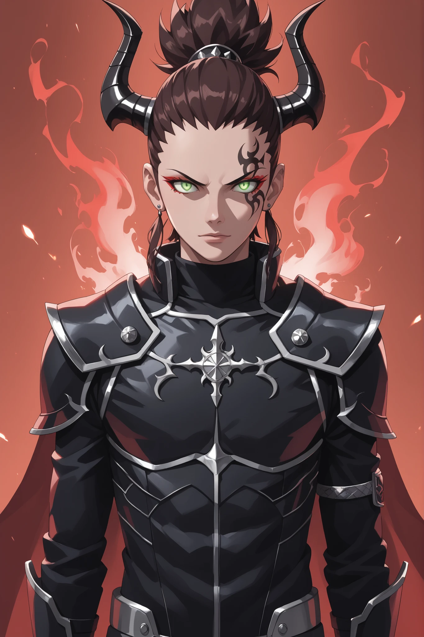 Masterpiece, ultra-detailed, 4K, HD, perfect lighting, cinematic and dramatic, dark fantasy, ethereal, hellish transformation, Jigoku warrior. (Shadowy figure with demon horns curving sharply), ((glowing crimson or violet face tattoos with intricate infernal symbols)), (pale skin with glowing cracks resembling hellish energy flow). Piercing glowing green eyes with an analytical and calculating expression, dark brown hair styled in a loose ponytail with a smoky aura surrounding it. Relaxed and lean build, detailed face with a calm yet eerie demeanor, perfect hands, perfect eyes. Smoky and wispy aura, surrounded by swirling shadows and faint hellfire. Black and crimson armor with intricate engravings and glowing sigils, clawed gauntlets, and a high-collared, shadowy flowing cape. Surreal and ghostly presence, exuding power, dominance, and an aura of infernal authority. Reflects the laziness of a strategist, embodying serene control and lethargic dominance in battle. Best quality, score_9, score_8_up, score_7_up, 2D art, (((1man)), shikamaru nara, solo