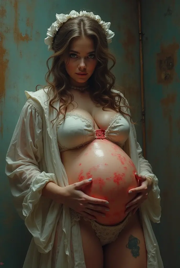 a beautiful and detailed portrait of Hermione Granger, 1girl, large breasts, pregnant, clothed, revealed belly, revealed breasts, revealed vagina extremely detailed face and eyes, long eyelashes, realistic, photorealistic, 4k, 8k, highres, masterpiece, ultra-detailed, vivid colors, dramatic lighting, cinematic, fantasy, magical atmosphere