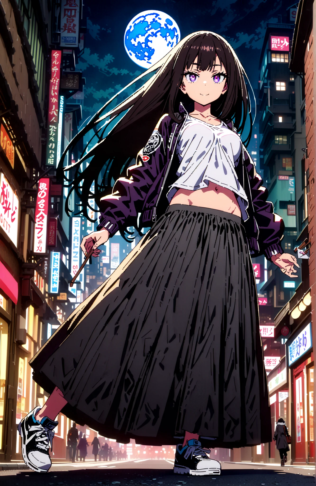 Takiuchikami, check it out, solo,long hair, bungs, black hair with a young pattern, purple eyes,Medium breast,smile,narrows her eyes,close your mouth,riders jacket jacket,tank top for feet,Underboob,belly button stick,Long Skirt,sneakers with a ladyback letter,Nōn,night,moon,standing,angles from below,full bodyがillustrationsに入るように,break outdoors,City,
break looking at viewer,full body,
break (masterpiece:1.2), Best Quality, high resolution, Unity 8k 壁紙, (illustrations:0.8), (beautiful detailed eyes:1.6), very detailed face, so that it fits into the illustration, Extremely Detailed CG, (perfect hand, perfect anatomy),