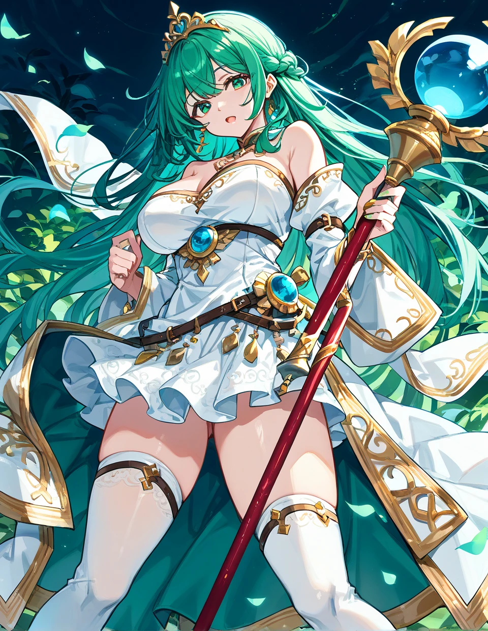 Cabello verde, swimsuit, mayreel, Guardian Tales, Pechos grandes, Pose sensual