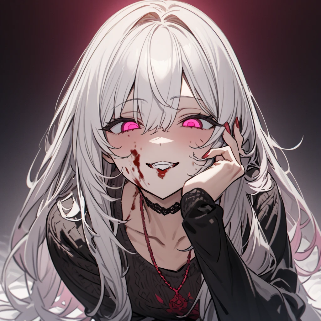 masterpiece,Highest quality,
//////////////One girl,alone,sharp teeth,teeth,Braiding,twin Braidings,Open your mouth,Grey Hair,View your viewers,Purple eyes,Long Hair,Horror \(theme\),Blood,Long sleeve,Upper Body,shirt,smile,
//////// ,