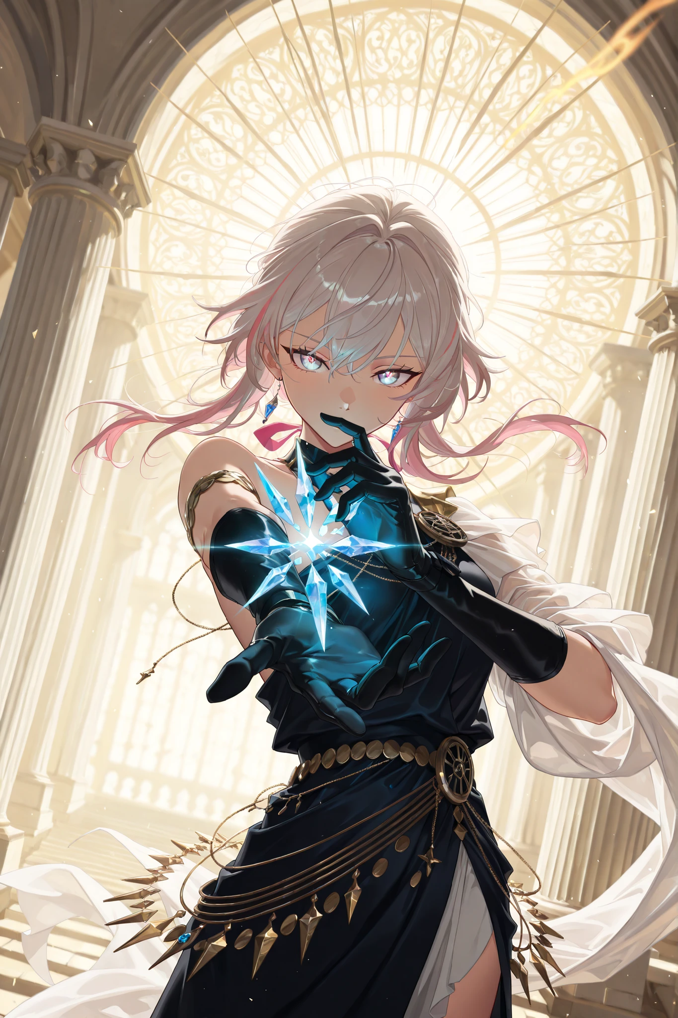 style of [arknights|(748cmstyle:0.88)], god rays, vivid colours, light stream, colour splotches, cinematic shot, mature, young adult, masterpiece, best quality, amazing quality, very aesthetic, high resolution, ultra-detailed, absurdres, (hands:-0.15),
(1girl, young adult, female:0.95), solo, alone,(dynamic pose, upper body focus, dutch angle, action shot, three quarter view, close up, cowboy shot:1.2), (carlotta:0.64), pink hair bow, silver hair, crystal hair, shining eyes, crystal eyes, black gloves, toga, loose toga, ornate toga, small side cape, lounging on a sofa, greco roman architecture, crystal claw weapon, mystical eyes, ornate clothes, gazing at the viewer, seductive pose, novuschroma79 style, glitch art photo
BREAK, depth of field, volumetric lighting
 