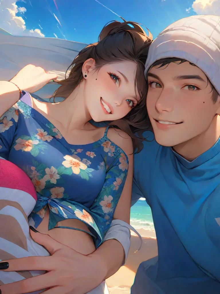 highest quality、Realistic、zoom、s old、Chestnut Hair、Blue Eyes、Short Hair、Long dress、Sunburned、Tan、Brown Skin、Sweat、smile、Ocean、、Bust Shot、look up