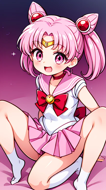 Sailor Moon，young年，Seven years old，cute，（Little ），Pink hair twintails，short hair，Sailor Suit，red bow，White elbow gloves，Red Skirt，no shoes，Open your mouth，laughing out loud，Fangs，(White pantyhose),soles of feet，Soles，(young)，(little man)，sit