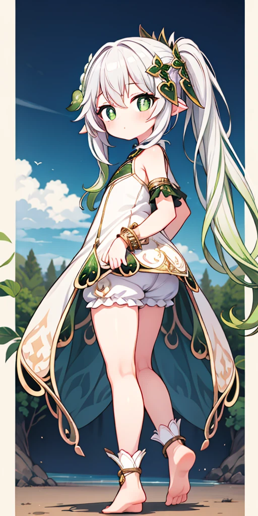 masterpiece, nahidadef, loli, standing, shiny skin, panty pulling, smile, looking at viewer, tree, (from below:1.2), cinematic lighting,