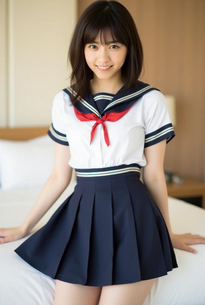 ung girl,very cute and beautiful japanese teenress,highly detailed beautiful face,
looking at viewer,smile,happy,sailor school uniform,navy blue pleated mini skirt,zettai ryouiki,
sitting on bed sheet,hotel bedroom in tokyo,window,town,bag, solo,real person,photorealistic,8k,raw photo,