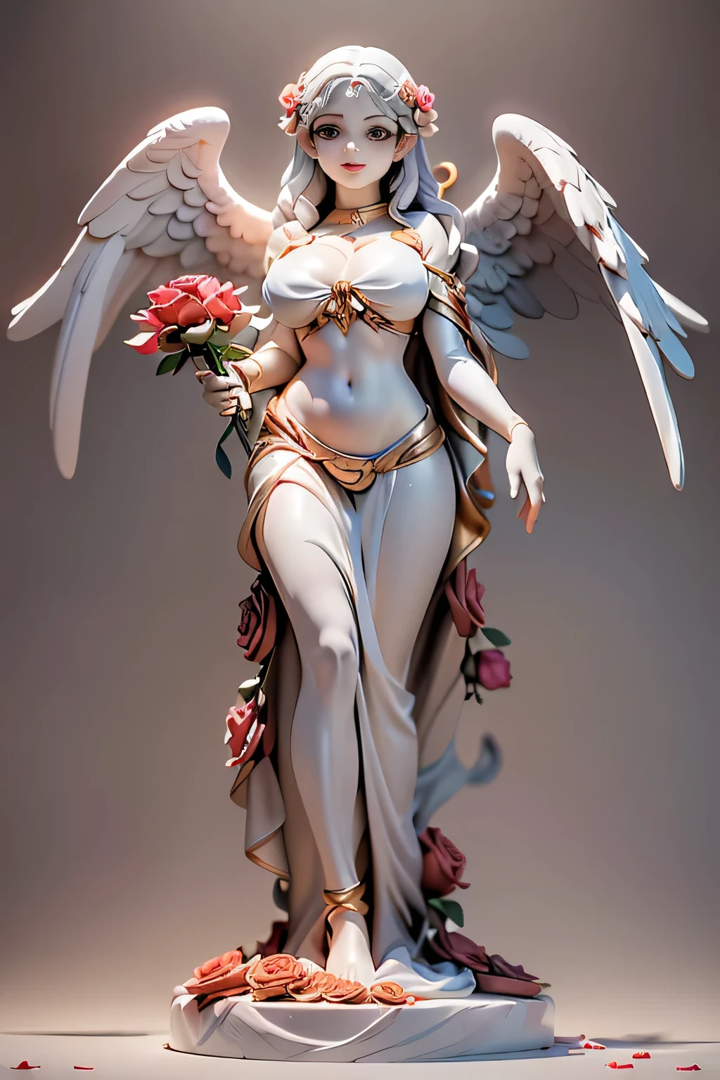 (white marble female angel statue standing in a red rose garden)、Angel, white_statue, Ultra-detailed、( RAW photos 、real)、(masterpiece、8k、Best Quality、high resolution:1.2)、(Perfect angel anatomy:1.5)、angles from below、(Single marble angel statue)、(The statues are all pure white marble:1.4)、(beautifully balanced white marble face)、((Beautiful white marble eyes))、smile、Hourglass body type、(Super Big Breasts in Clothes:1.4)、thin waist、((White Marble Angel Wings on the Back))、(A dynamic pose of an angel full of charity:1.uper Sheer Angel Gauze Toga has been reproduced in detail in marble:1.2)、(An angel's beautiful skin and silky hair are faithfully reproduced in marble:1.2)、(Angel statues have pure white eyes and lips:1.3)、(The statue stands on a red rose pedestal)、(red rose vine wrapped around the statue:1.3)、Dramatic shadows、(is covered with roses:1.5)、(The entire area around the statue buried in roses:1.5)、(rose petals fluttering in the wind:1.3)