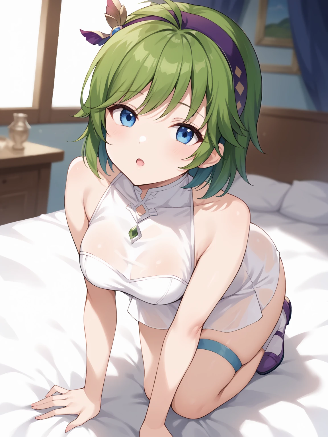 NSFW,((Have sex with one man and one woman)),vaginal,SEX,cum shots,Lying down,legs up,penises,naked man,show off nipple,Cecilia,Green hair,verd s eyes, D, Bangs, blush, Dress, jewely, Viewer's Perspective,Necklace, Smile with open mouth, veils