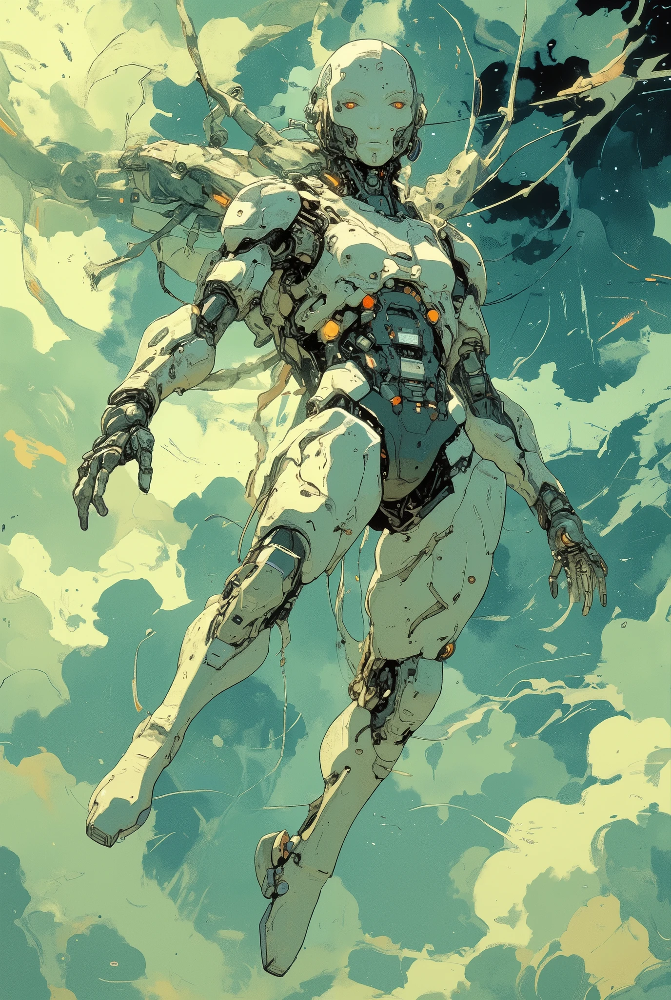 digital art in the KNS style, CK-NCR style,super-perfect concept- A humanoid robot making a throw in the air, hovering among a sky filled with blue clouds, a white, shiny ceramic skin-tight mega-detailed suit, metal parts and arm extensions have a futuristic high-tech design with visible circuits, non-light and plasma friction, luminous grooves, audio ports, and mechanical elements suggesting advanced technology the robot's head is covered by a streamlined helmet with hidden light displays and a scoreboard, giving the product the appearance of a cyborg, the pose of the figure is dynamic, in the middle of a jump, the background is a swirl , an ethereal combination of soft, pastel grays- shades of green and blue, creating a dreamy, unlike mundane atmosphere, bluish, thunderclouds are voluminous and fluffy, give the scene a sense of drama and contrast between the disturbing elements and the weightless perfection of advanced robotics, the sky is overcast with layered clouds and gradient effect, enhancing the surreal and fantastic feeling of the image, diffused natural light, cyber-futuristic digital art, digital painting, surrealism, the general style of work is very detailed and realistic, focused on smooth, and the feeling of movement and weightlessness