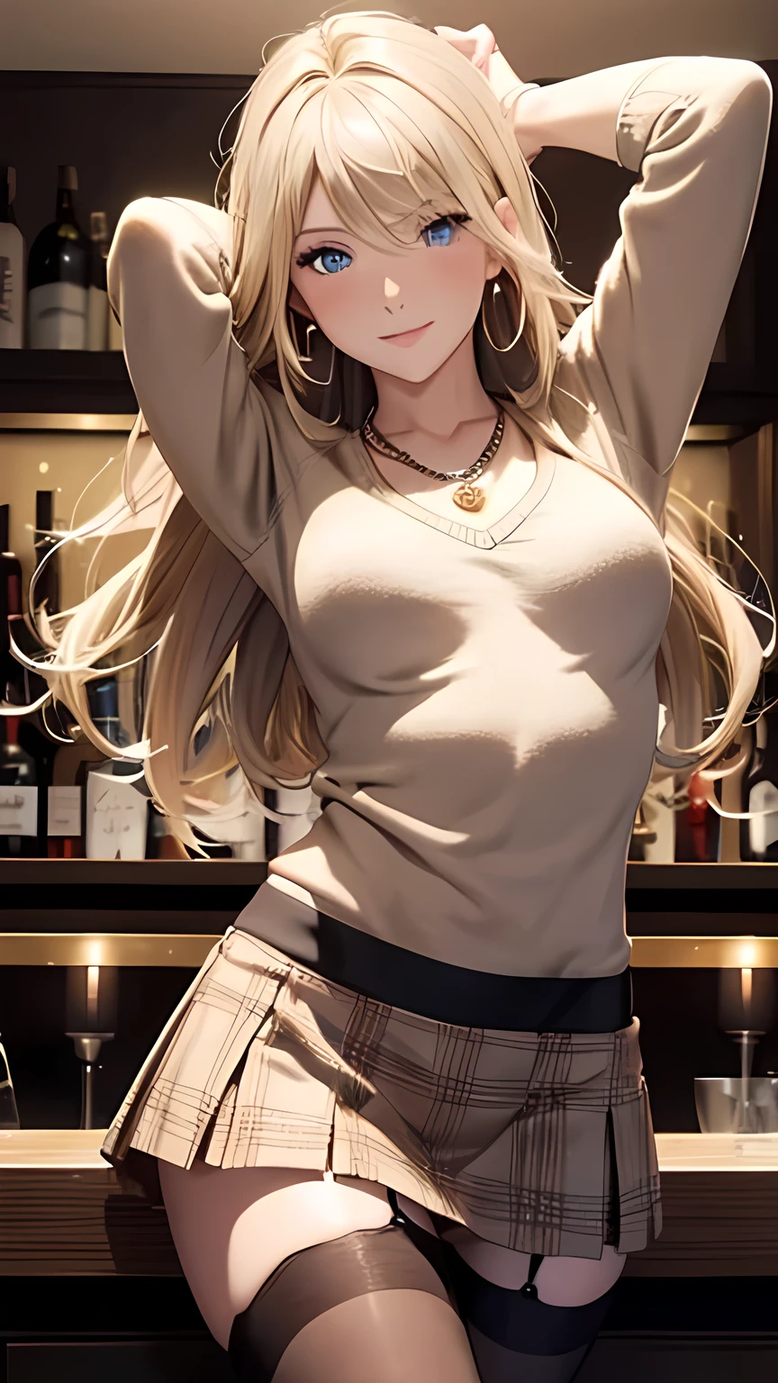 masterpiece, Ultra High Definition 、 Best Quality 、 Sexy Poses 、 Dim Night Bar Background 、 blondes、 and the hair is tied at the back:1.2, blue eyes, smile、 tilt your neck 、 back of the anus、large gold earrings and necklace :1.5,、 Model Walks 、 with Sparkling Flowers 、 thin thighs 、 cowboy shooting、brown.knitted plaid low rise mini skirt bikini、brown、sweater:1.5、brown striped pantyhose