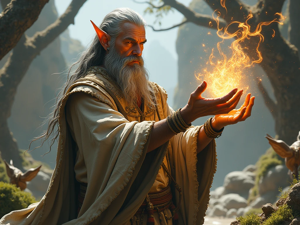 Wise old man sitting in cave nail meditating, sentado meditando e olhando para frente mostrando o rosto focado
