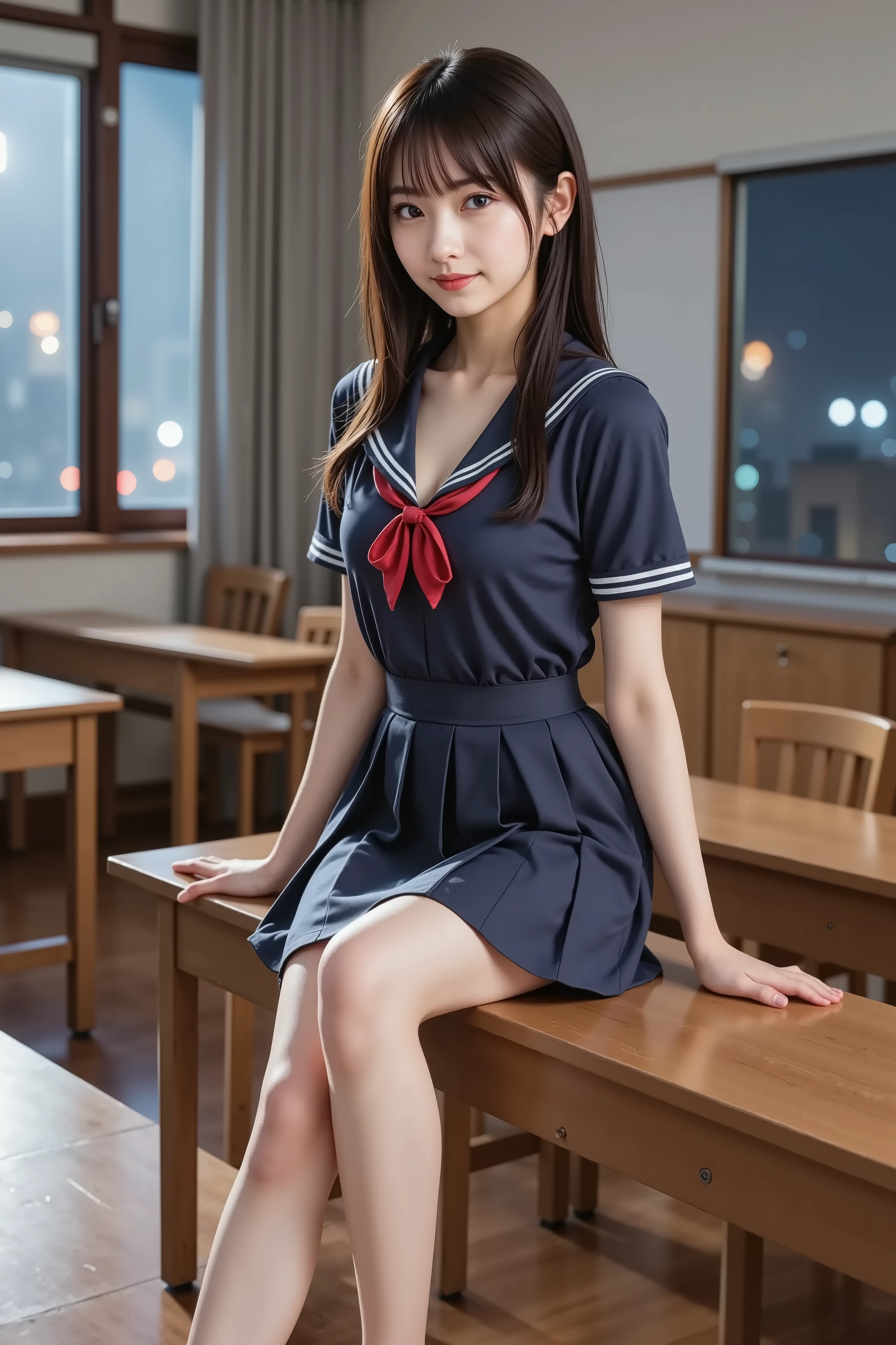 huge breast, Cleavage, ultra-realistic digital illustration of a slender young woman sitting on top of a wooden classroom desk, facing forward. She is shown in a tight medium shot from the top of her head to just above her knees. Her face and entire head are fully visible and centered within the frame. Her black hair is long, tied loosely behind her head, with two strands hanging down each side of her face. She is wearing a Japanese high school uniform consisting of a dark blue sailor-style top with a white collar and a red ribbon tied at the chest, along with a pleated navy-blue mini skirt. Her shoulders and upper chest are covered by the uniform. The skirt reveals her bare legs from the mid-thigh down. She is not wearing socks or shoes. Her arms are relaxed, with one resting beside her on the surface of the desk, and the other placed lightly on her thigh. She sits with her legs slightly turned, but still clearly within the framing of the image. The desk has a flat wooden surface and a small metal frame visible below it. Behind her is a large rectangular window divided into multiple glass panels. The window is closed. The outside view is blurred, showing only nighttime city lights and dark sky through the glass. Curtains are partially drawn to the sides. The classroom contains rows of empty wooden desks and chairs. The floor is polished linoleum with visible light reflections. The lighting in the room is artificial, coming from ceiling lights out of frame. There are shadows on the floor and parts of the wall. Her figure is well-lit. There are no other people in the room. There are no decorations, posters, or any additional items on the desk or walls. The framing includes part of her upper body, skirt, and bare legs. Her face is neutral, eyes directed forward. The entire figure is clear and nothing is cut off by the edges of the image. The background remains in focus and the perspective aligns with a camera at seated eye level. The entire composition