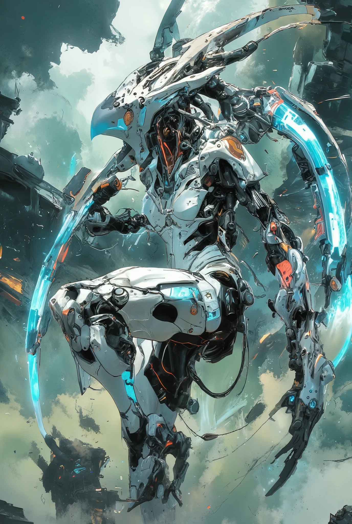 digital art in the KNS style, CK-NCR style,super-perfect concept- A humanoid robot making a throw in the air, hovering among a sky filled with blue clouds, a white, shiny ceramic skin-tight mega-detailed suit, metal parts and arm extensions have a futuristic high-tech design with visible circuits, non-light and plasma friction, luminous grooves, audio ports, and mechanical elements suggesting advanced technology the robot's head is covered by a streamlined helmet with hidden light displays and a scoreboard, giving the product the appearance of a cyborg, the pose of the figure is dynamic, in the middle of a jump, the background is a swirl , an ethereal combination of soft, pastel grays- shades of green and blue, creating a dreamy, unlike mundane atmosphere, bluish, thunderclouds are voluminous and fluffy, give the scene a sense of drama and contrast between the disturbing elements and the weightless perfection of advanced robotics, the sky is overcast with layered clouds and gradient effect, enhancing the surreal and fantastic feeling of the image, diffused natural light, cyber-futuristic digital art, digital painting, surrealism, the general style of work is very detailed and realistic, focused on smooth, and the feeling of movement and weightlessness