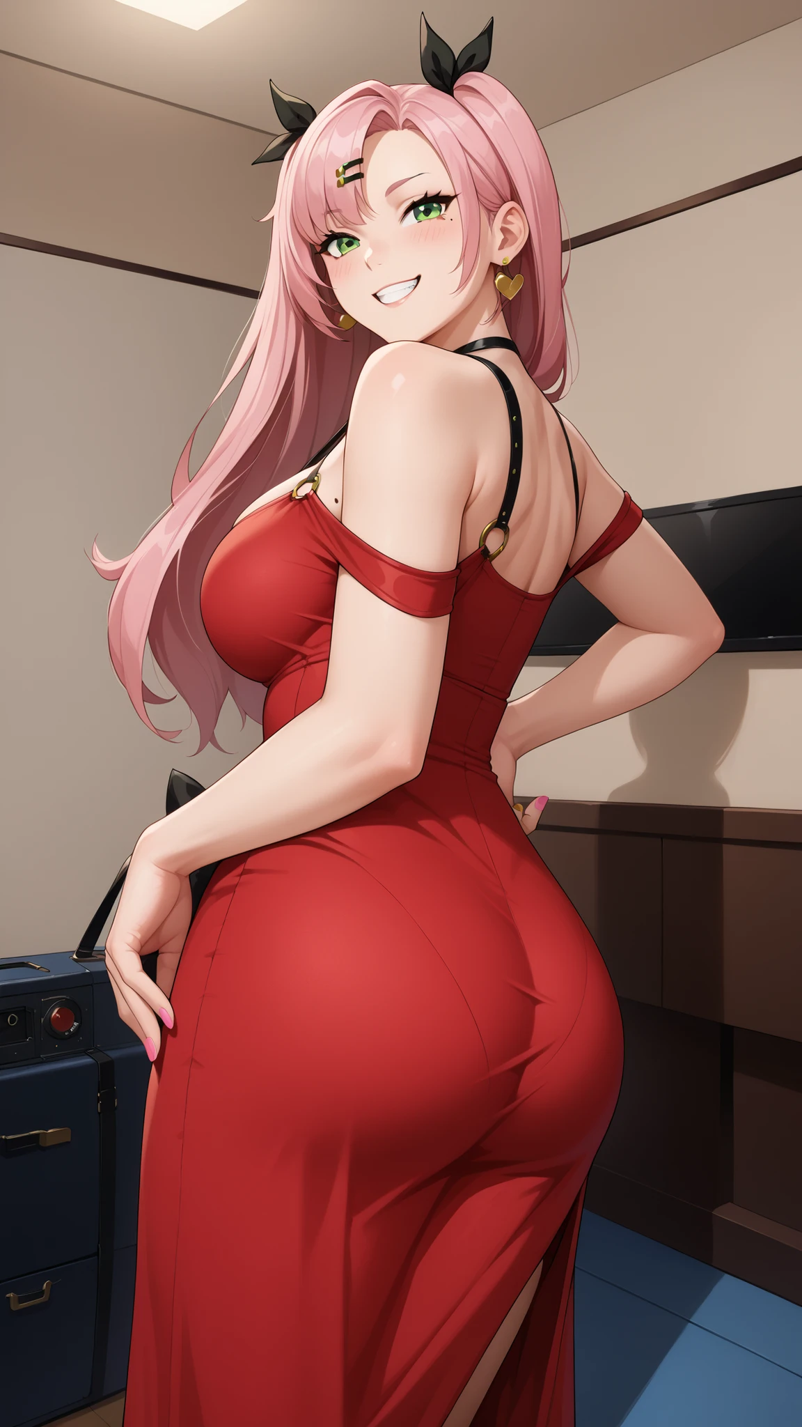 Girls smile, fair skin, long hair, big , big breats, big ass, big butt, sexy body, sexy girls, thic body, beautiful girls, dress, red dress colors, nails colors, pink nails colors, in room, indoor, sexy pose, ultra realistic graphic, gaze looking at the camera, looking at the camera, Nicole Demara, Nicole begins, (Green Eyes:1.5), Pink Hair, hair ornaments, hair ribbon, Hair Clip, Long Hair, mole, mole on breast, mole on thigh, mole under eye, Both sides up, ribbon, Grin, 笑face, Open your mouth,
BREAK black footwear, black ribbon, black Shorts, black socks, black Knee socks, boots, Cleavage, Earrings, jewelry, Knee-high, Manicure, necklace, O-ring, Thigh straps, Knee socks, Both sides up,
BREAK looking at viewer, (Cowboy Shot:1.5),
BREAK (masterpiece:1.2), Highest quality, High resolution, unity 8k wallpaper, (figure:0.8), low length, Primary school students, face, Young girl body, NULL目, score_9, score_8_up, NicoleNSFW, green eyes, pink hair, long hair, two side up, Big breasts, mole under eye, hairclip, thick legs, sexy legs, wide hips, smile, horny face, seductive face, blushing