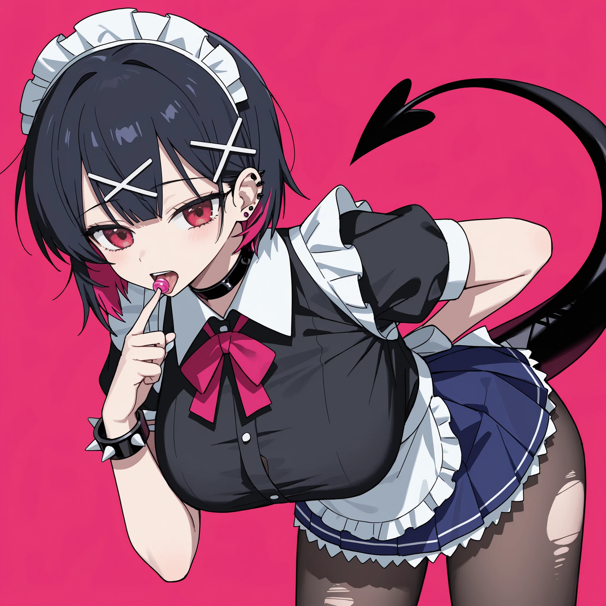 red eyes、black hair、short hair、 Colored Hair の内側、big breasts、black fishtail、hair ornament、x hair ornament、Spike Bracelet、 Spike Collar 、Maid、Maidの頭飾り、black dress with torn bottom、 frill、puffy short sleeve、Maidのエプロン、black belt、ribbon、brown pantyhose、red eyes、black hair、short hair、 Colored Hair 、hair ornament、hair clip、X 字型のhair ornament、black choker、uniform、black shirt、collared shirt、blue skirt on the tongue、pleated skirt、black pantyhose、BLACK BUCKLE 、Holding candy in hand、Hold candy with your finger、girl, high resolution, close your mouth, attractive pose、simple background, Channel style