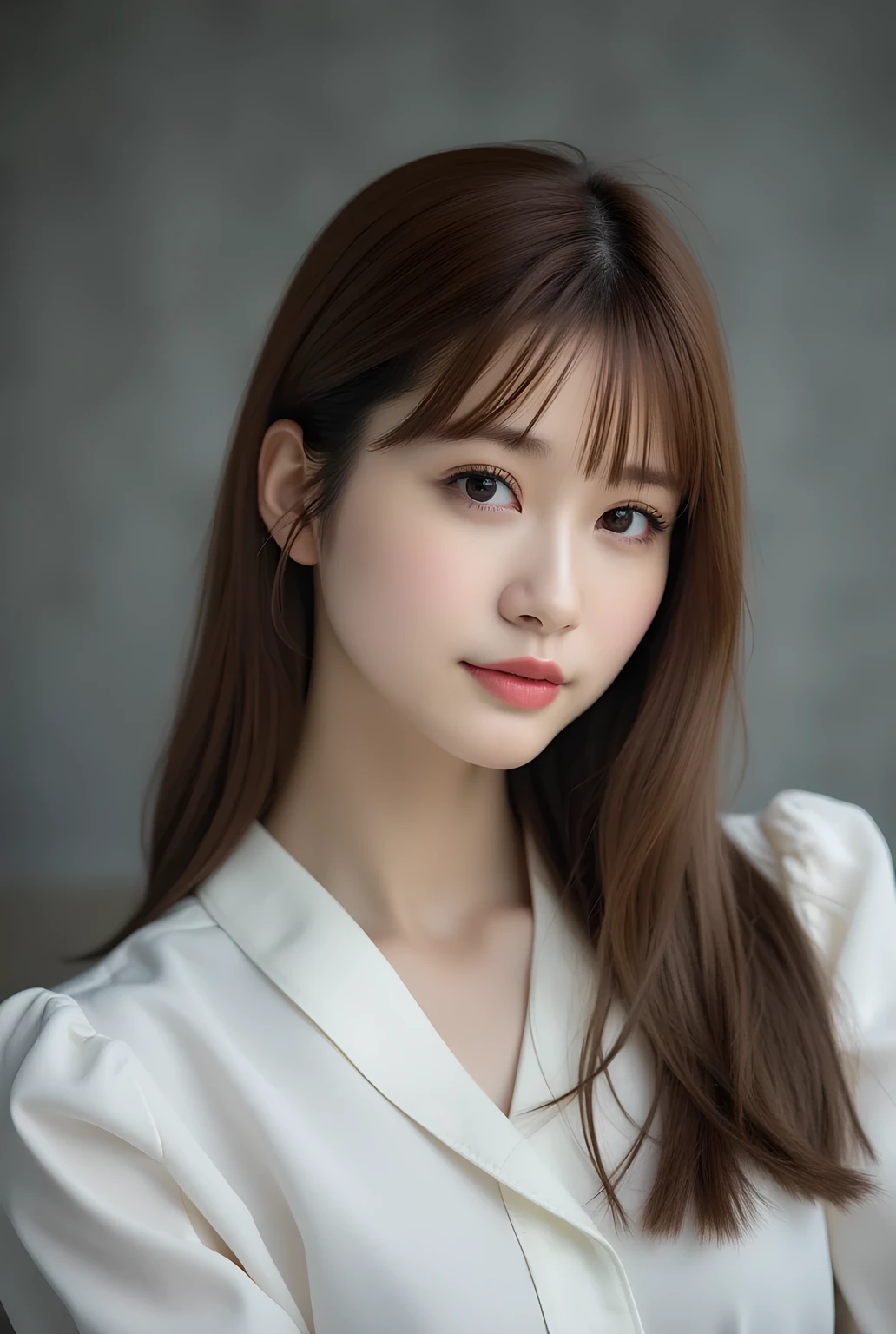 ultra-realistic, photorealistic, best quality, 8K, top-quality, masterpiece, ultra-detail, super high resolution, Improvement of quality, Enhances the beauty of skin texture, Clean and glowing skin, Smoother lighting, Improving the quality of cinema lighting, Backlight, A gentle light for face, 32K, 1girl, solo, Meru Nukumi, small head, perfect female body, Skinny, Slim Waist, large breasts, detailed skin, smooth skin, (fair skin, white skin:0.5), Beautiful Lips, Beautiful Face, (White Collared blouse), High resolution, Natural look, Improves hair quality, Delicate light and shadow, Beautiful Eyes, Sharp details, Soft light reflection, Delicate skin tone, Fine hair texture, beautiful hair, pink cheek, Light Smile, Beautiful and perfect face, perfect anatomy, Kind eyes, (beautiful black eyes, beautiful detailed eyes, detailed eyes:1.2), gray background, meru_nukumi, nukumi_meru_flux_, Upper Body:1.3, Portrait, from front, beautiful detailed face, face focus,