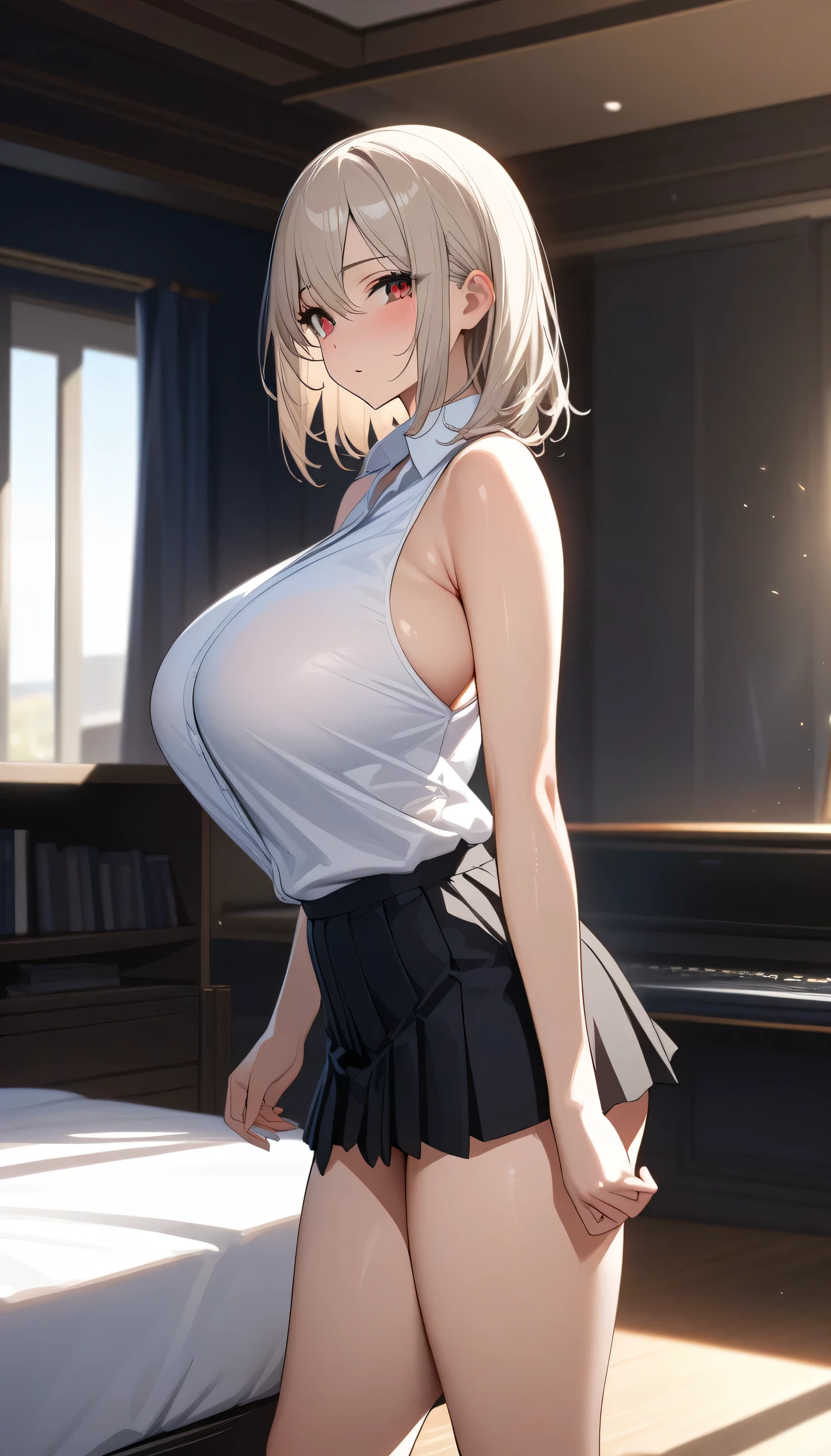 Black hair, long hair, front view detailed body, long belly , Slender body, tight body , thicc, huge breast , long thighs, masterpiece,best quality, official art, extremely detailed CG unity 8k wallpaper, ((top quality, 8k, masterpiece: 1.3, ultra hd, high quality, best quality, high definition, ((realism)), sharp focus: 1.5,(Very detailed CG unity 8K wallpaper), Dark Cinematic Lighting, cinematic lighting, large breasts, eaty face, seductive smile, earrings, Looking at the viewer, embarrassed, shy, blushing, , short hair, front view, wearing formal shirt white, dress tug, black skirt, night backgrounds, , on her knees