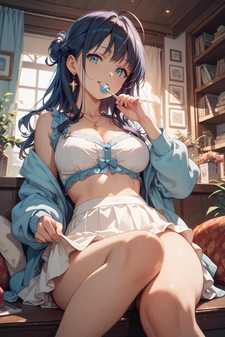 Mai sakurajima, hair flower, blue dress, grey eyes, light blue hair,large breasts, sexy,nsfw,
, 1 girl,seductive smile,(1 girl in the photo:1.5),(alone:1.5),(long black hair:1.1), beautiful purple eyes, (european style long dress:1.1), long sleeves,white legwear,white high heels
, potted planet,flowers, window,door,butterfly,tree,table,chair,sofa,book,tea, coffee,jar,
, dappled sunlight,ray tracing,dynamic angle, dynamic pose, chubby athletic body, purple colour eyes