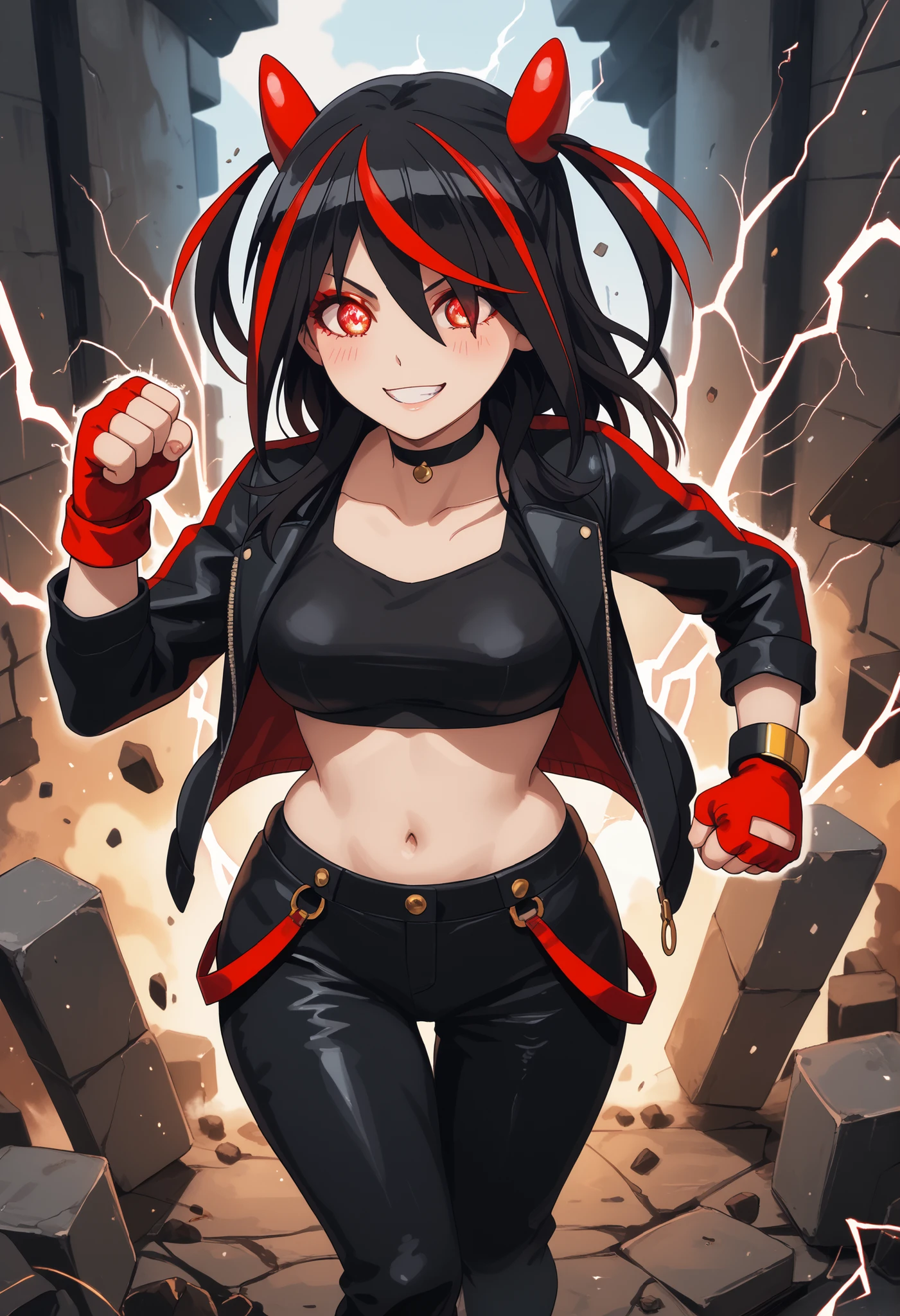 Score_9, Score_8_up, Score_7_up, bright skin: 0.1, anime_source, deep skin, high quality, high resolution, (curvy), ((wide hips)), medium breasts, cute, sexy, 1 girl, BREAK HaneruEmi, HaneruEmi, long hair, black hair, red highlights, red eyeshadow, red eyes, spiky hair, hair between eyes, side locks, black crop top, open jacket, black leather jacket, horns, choker, gold bracelet, black leather pants, red gloves, fingerless gloves, red footwear, white footwear, two-tone sneakers, black stockings, abdomen, smile, incoming attack, incoming punch, clenched hand, glowing eyes, electricity, motion lines, dynamic pose,
concrete, abstract background, light particles, dust,
