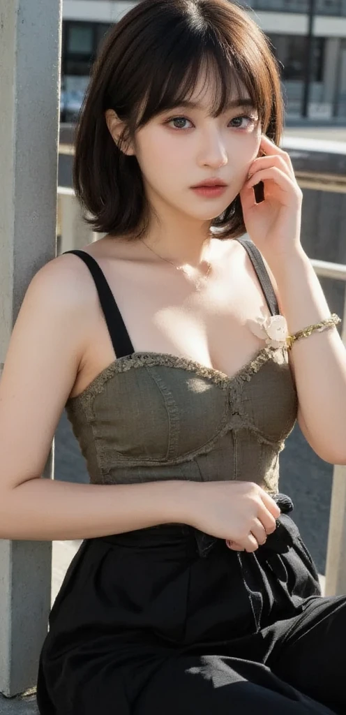 (1 Korean celebrities with royal sister style), ((best quality, 8K, masterpiece: 1.3)), focus: 1.2, Perfect body proportions: 1.4, (Smile),  （Ray tracing）,Big watery eyes, Highly detailed face and skin textures, beautiful eyes, double eyelids, (Do it in the car:1.3),Whitens skin, (Waves: 1.3), (round face: 1.5), (floral dress: 1.4), (Black stockings: 1.4),(film grain style:1.3)，Sense of atmosphere