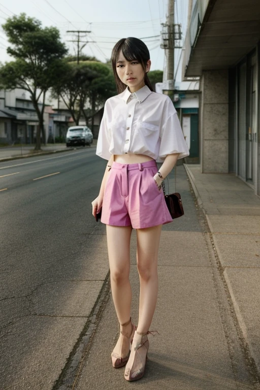 Upper body of a beautiful young girl, 17 years old, Indonesian, cheerful, white T-shirt, white jacket and pink skirt, street in the historic part of Paris, in the evening.