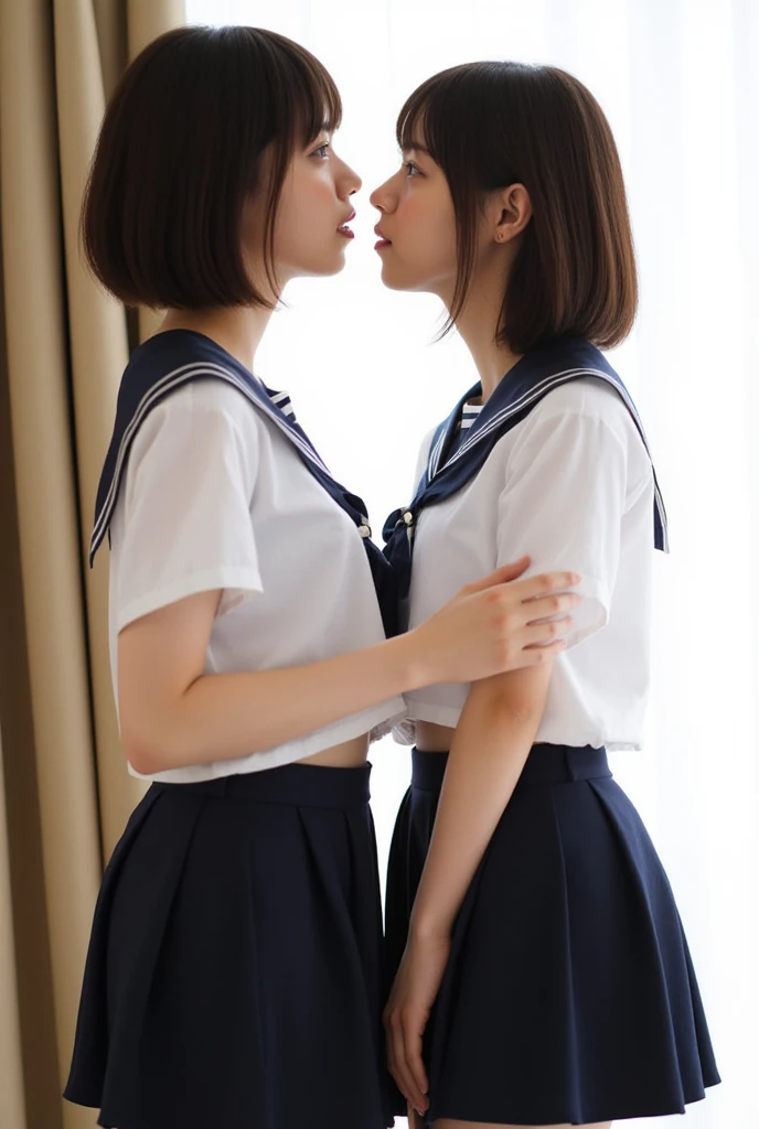 (2girls:1.5), (a detailed full-body RAW photo of a girl), (masutepiece:1.0), (Best Quality:1.4), (超A high resolution:1.2), (Photorealistic:1.4), 8K resolution, Canon EOS R5, 30mm, absurderes, ultra-detailliert, (20yr old), Sharp Focus, Cinematic lighting, Detailed beautiful face, (no-makeup:1.2), (ulzzang -6500-v1.1), petite figure, Detailed skin texture, flat chest, (skinny and fit body:1.6), Detailed brown hair, sweltering,(Very short hair:1.5), (Japan school uniform, White Sailor Uniform:1.5), ((wearing panty)) See-through, realistic glistening skin, (((take off the skirts))), (half dressed:1.5), (cotton panty), (Wearing only panties:1.5), (class rooms:1.5), (at school:1.5), (((undressed skirts:1.5))), (hug each other tightly:1.3), (full body:1.5), (just before kissing:1.5), (don't touch lips each other:1.5), (naked:1.5)
