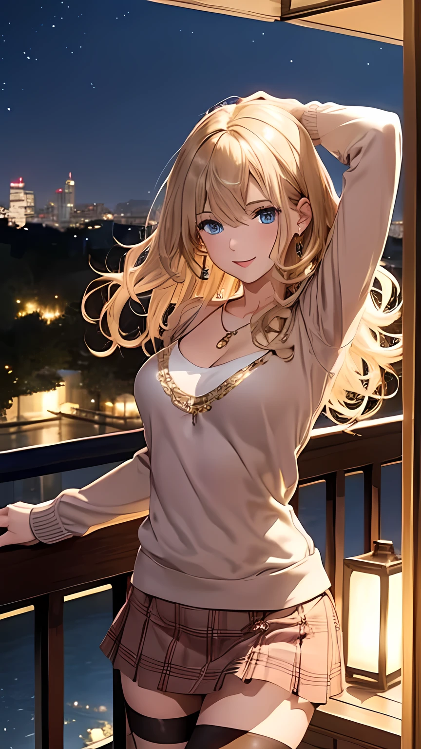 masterpiece, Ultra High Definition 、 Best Quality 、 Sexy Poses 、Skinny woman、 blondes、 curly hair:1.2, blue eyes, smile、 tilt your neck 、large gold earrings and necklace :1.5,、 Model Walks 、 with Sparkling Flowers 、 thin thighs 、 cowboy shooting、brown.pink plaid low rise mini skirt bikini、brown、sweater:1.5、brown striped pantyhose、Veranda with night view