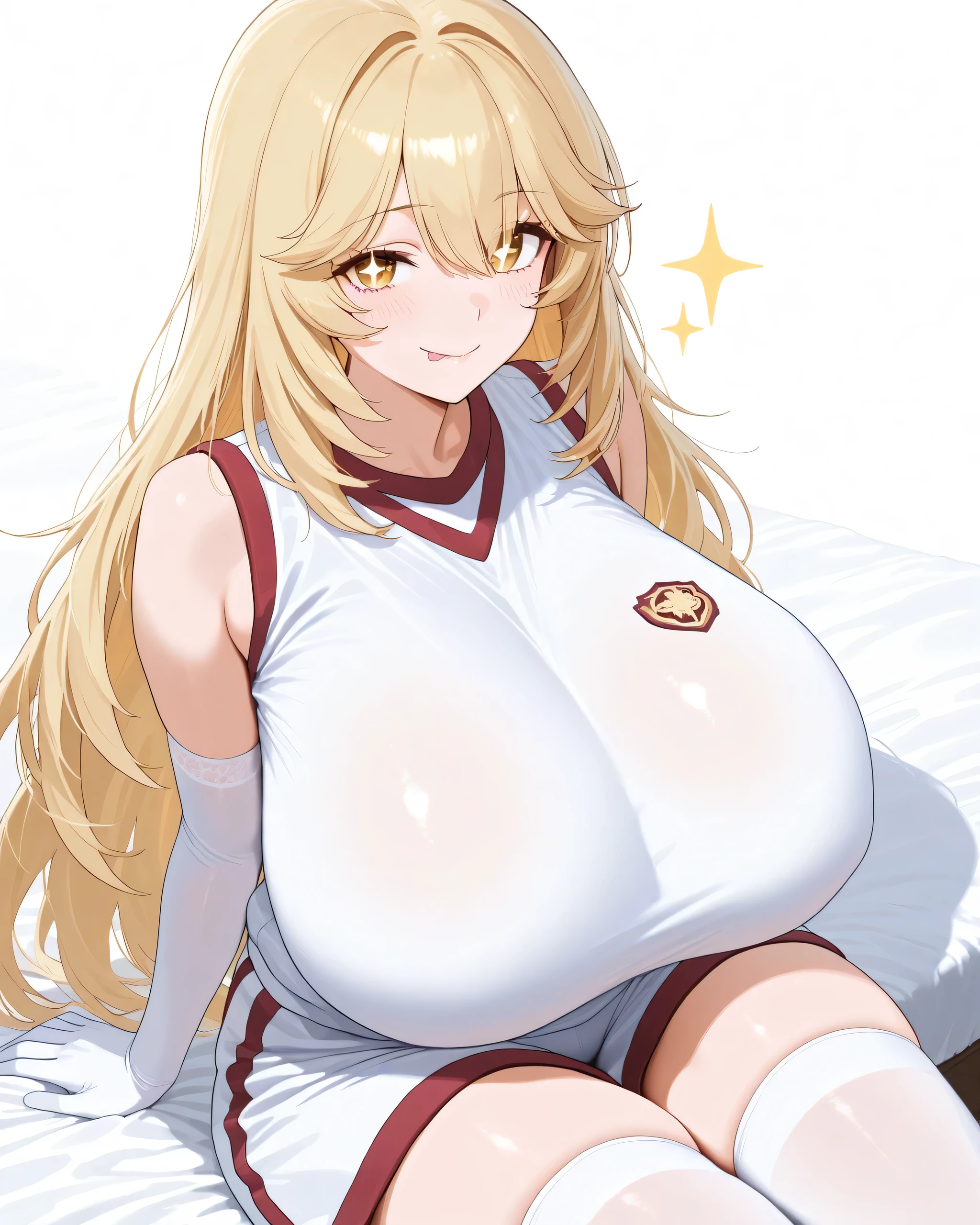 1girl, solo, looking at_in_viewer, white_gloves, elbow_gloves, white_thigh high socks, Gym_uniform, white_shirt, smile, +_+, sleeveless_shirt, white_background, brown with swe_eye, Gym_shirt, very_length_hair, closed _mouth, Naked_shoulder, Gym_shorts, white_shorts, lick_lips, hair_between_eye, bedroom at night, sitting, Shine_eye, popup, too big chewy , hyper breasts