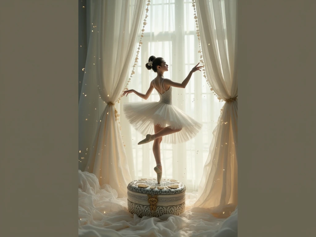 An action figure of a ballet dancer in white tutu doing a split in the air. A thin and invisible metal support holds the ballerina. The action figure is resting on a black plastic pedestal on a wooden table. (On the pedestal there is the inscription: "Grand Jeté" engraved on a gold plate). Cinematic lights. Masterpiece, best quality, 8K, photo realistic, wallpaper, wallpaper 8k, photographic contest winner, Hyperrealistic art cinematic film still photography in the style of detailed hyperrealism photoshoot. [Entire scene is surrounded by lights, evoking a magical and eerie atmosphere. The lighting is bright and atmospheric, with smoke adding a touch of sinister ambiance. Best quality image, HDR enhancement, showcasing the utmost level of detail and realism]. [8K, Best Quality, Ultra High Resolution, (highly detailed CG unity 8k wallpaper), (best photo), (best shadows), isometric 3D, octane rendering, ray tracing, highly detailed, (Best quality, 4K, 8k:1.2), absurdity, ultra detailed, (realistic, photorealistic, photorealistic:1.37), complex parts, HDR, (complex parts:1.12), (hyper detailed, hyper realistic, Soft lighting, spicy:1.2), (complex parts, Hyper detailed:1.15). Blurred foreground. (backlit), masterpiece, high quality, brightness, chromatic aberration, foggy smoke, shadows, contrast, clear sky, (warm hue, warm tone), high details, natural reflections].